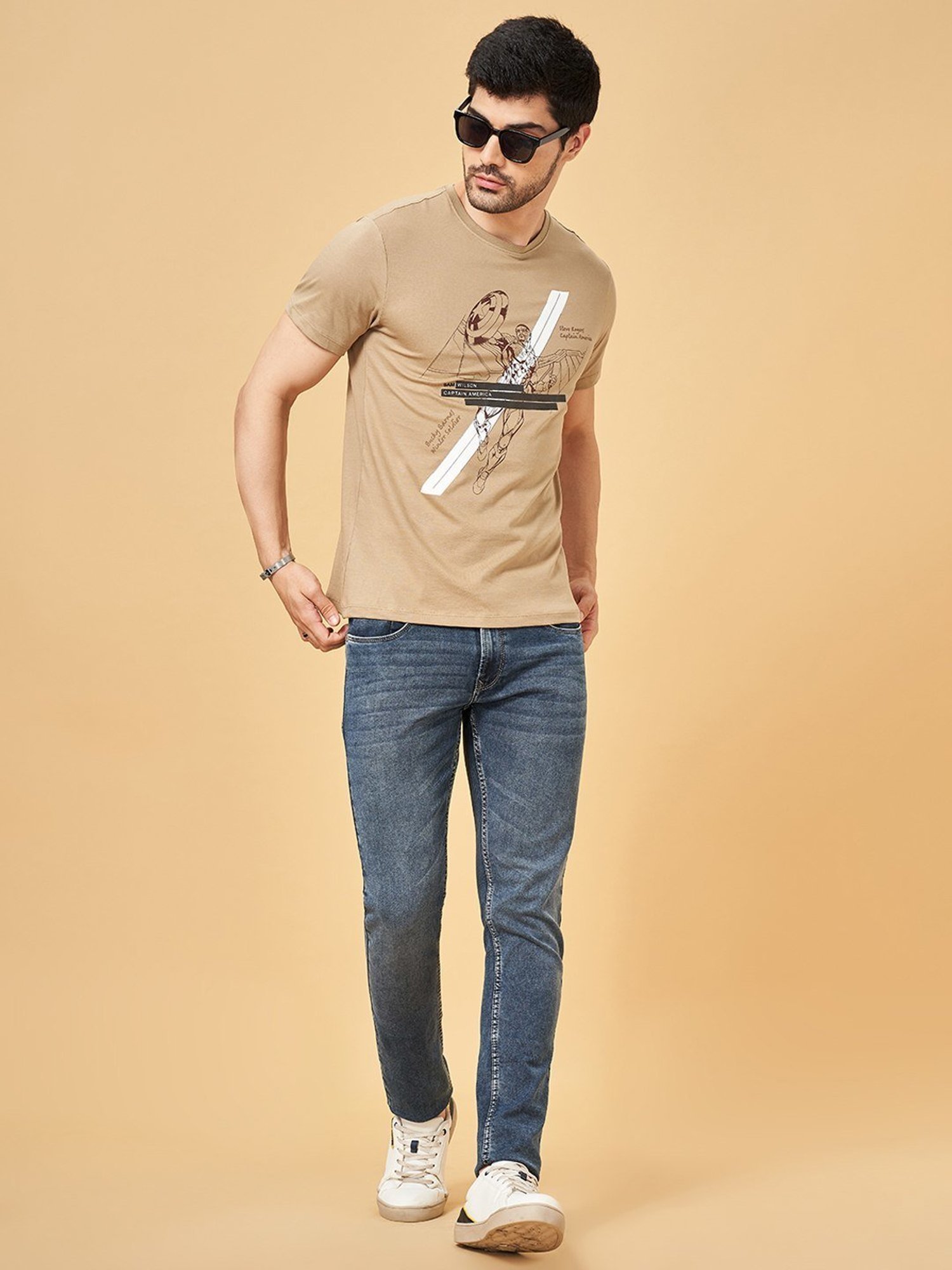 Sf Jeans By Pantaloons Ecru Cotton Slim Fit Printed T-Shirt