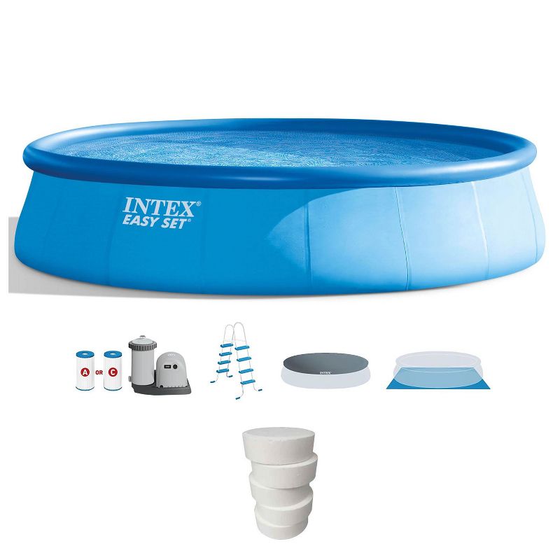 Intex 26175EH 18Ft x 48In Inflatable Easy Set Up Round Above Ground Pool Bundle w/ Cover, Ladder, Filter, and Pool Care 3-Inch Chlorine Tablets, 5 Lbs