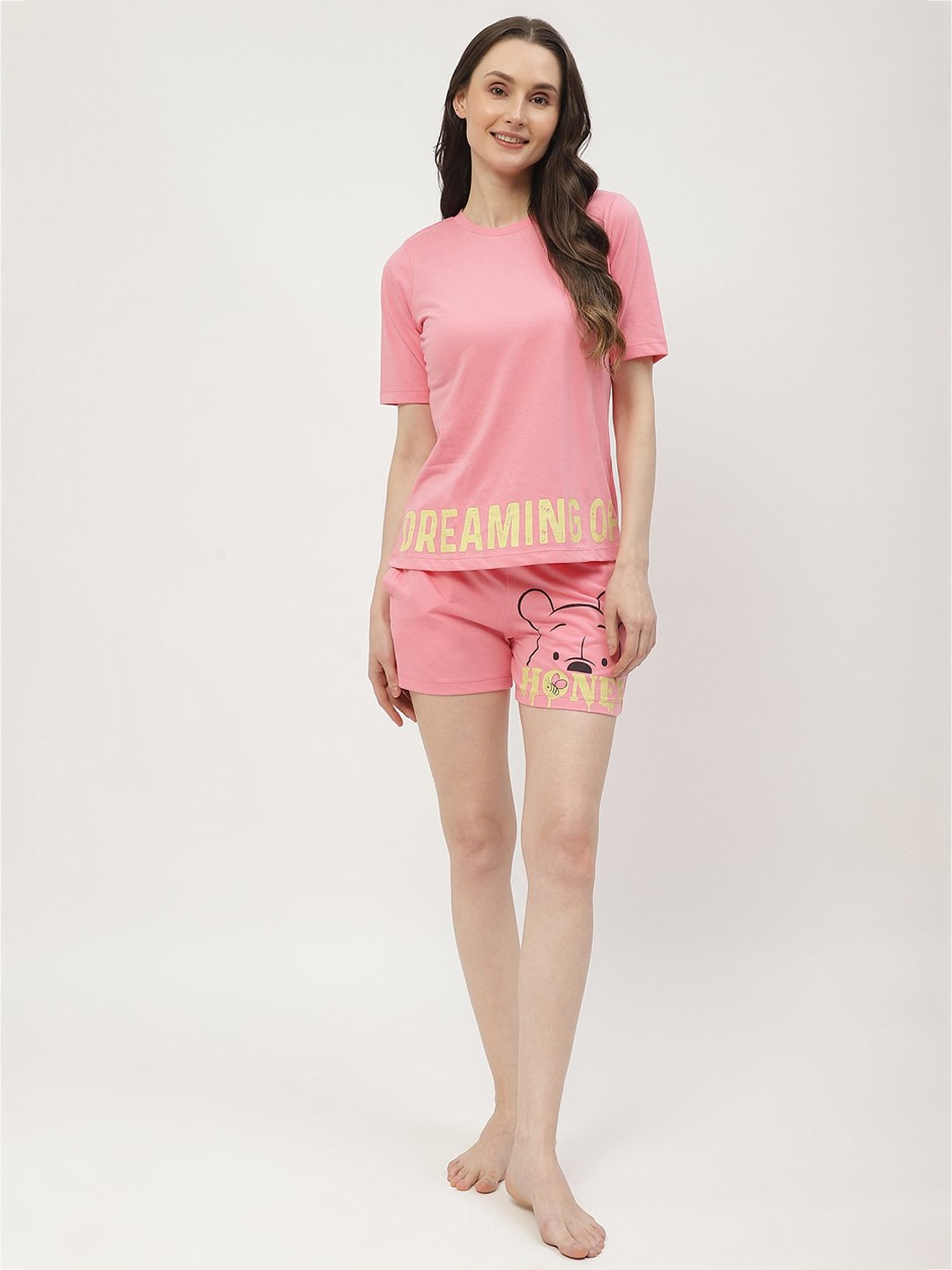 MADAME M Secret Pink Cotton Graphic Print T-Shirt With Shorts