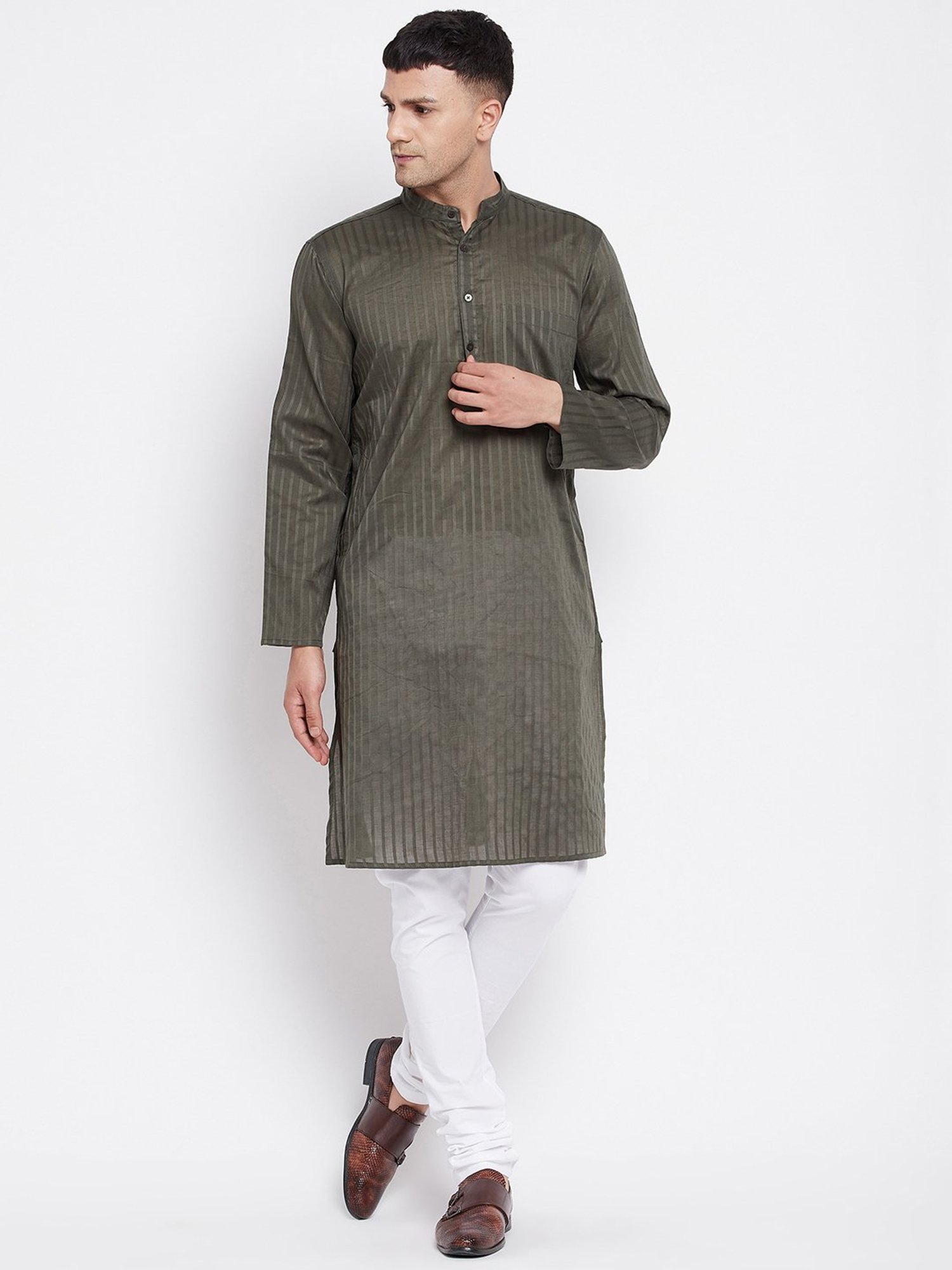 Even Dark Olive Striped Mandarin Collar Kurta