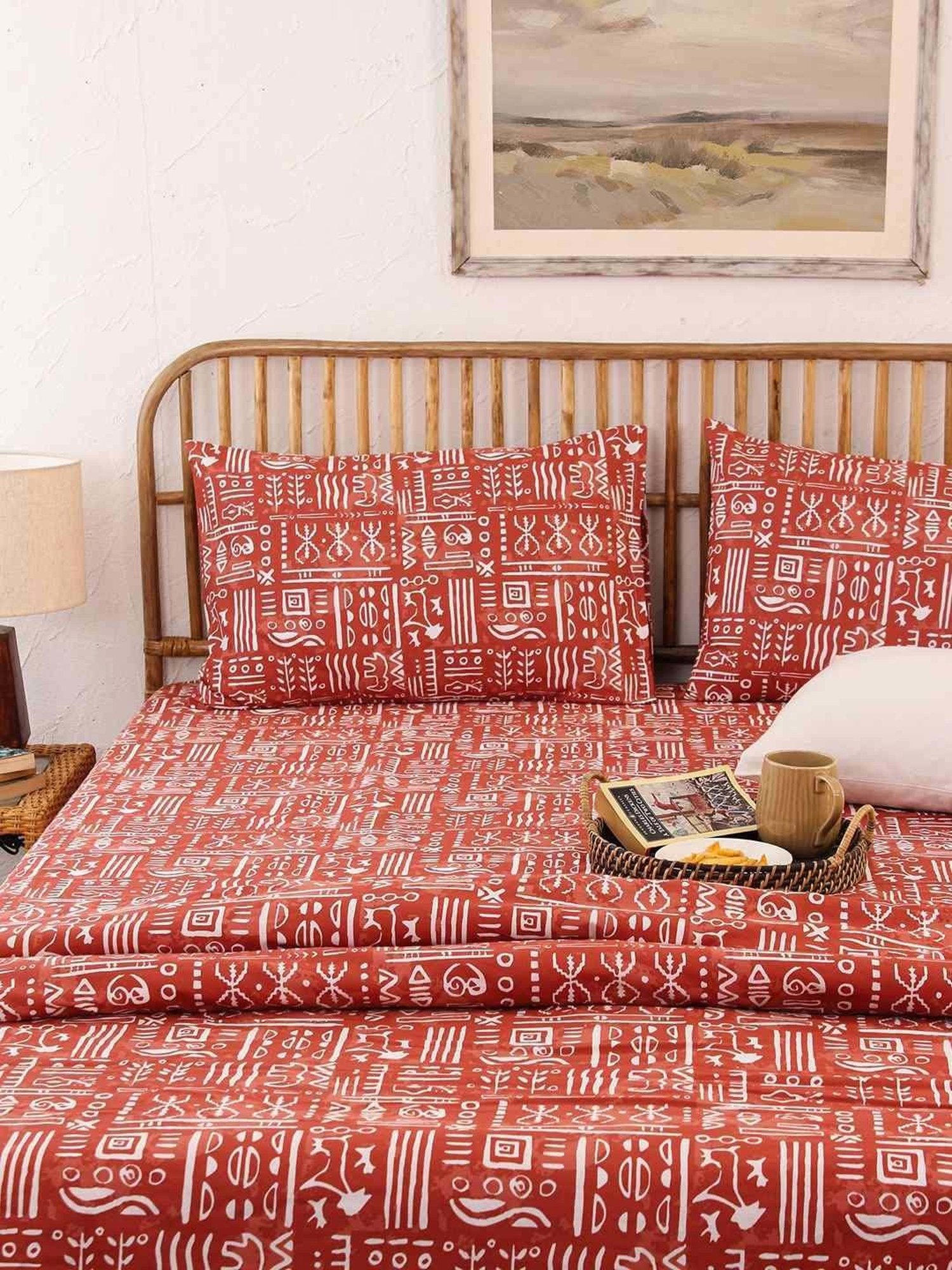 House This Gamathi Rust 150 TC Cotton Fitted Bedsheet with 2 Pillow Covers