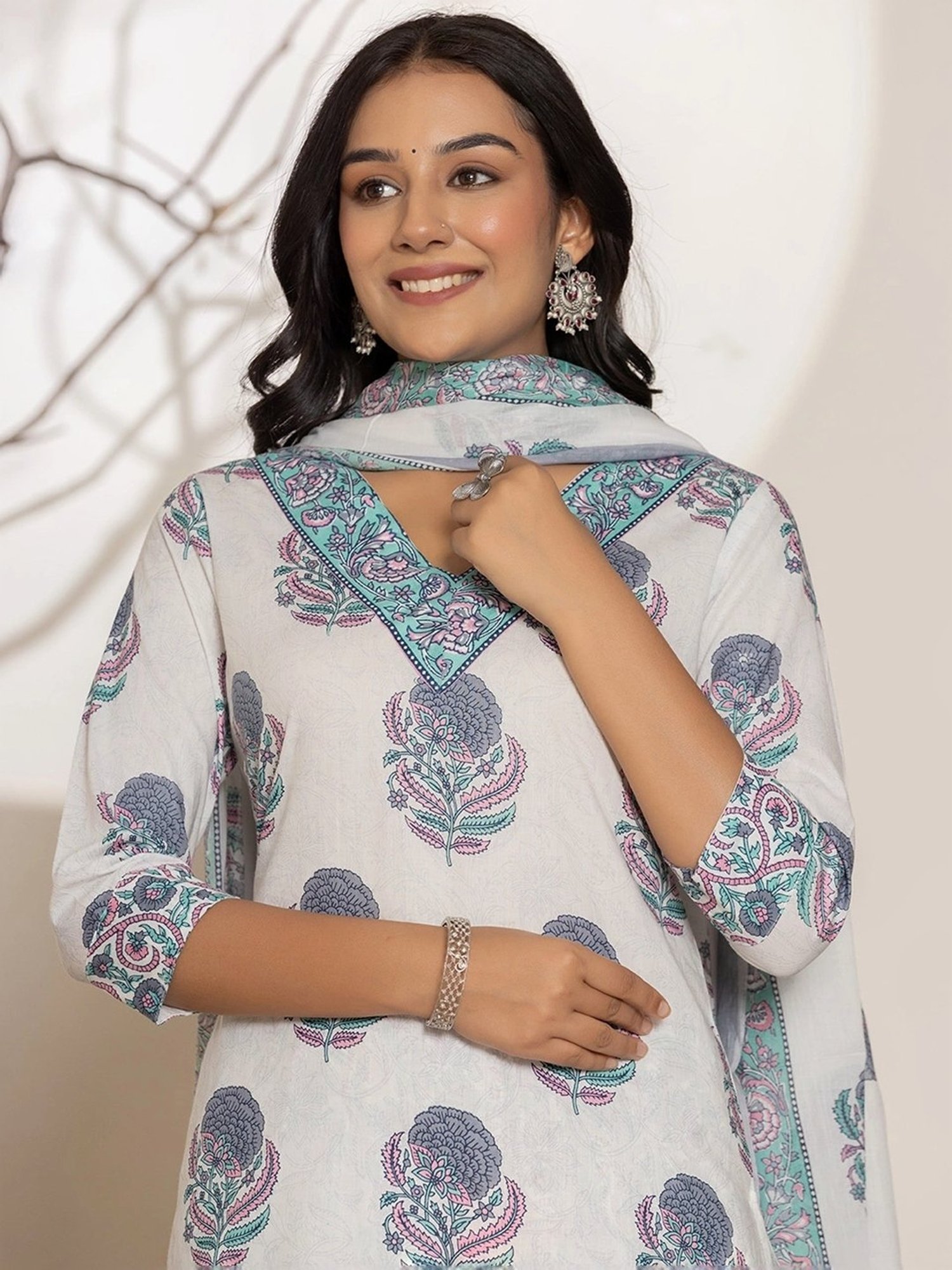 Yufta Blue & White Cotton Printed Kurta Pant Set With Dupatta