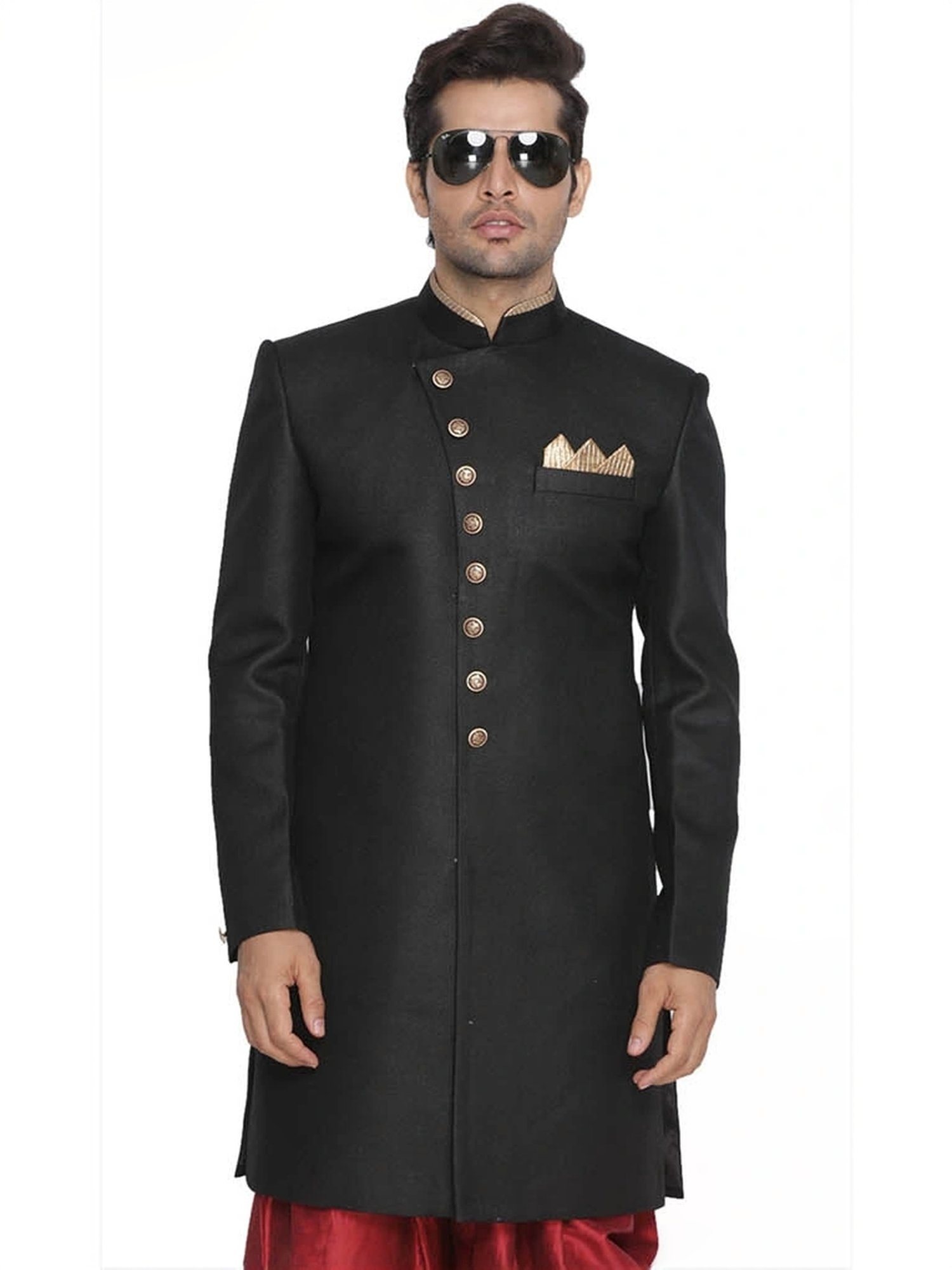 Vastramay Black &Red Regular Fit Sherwani Jacket
