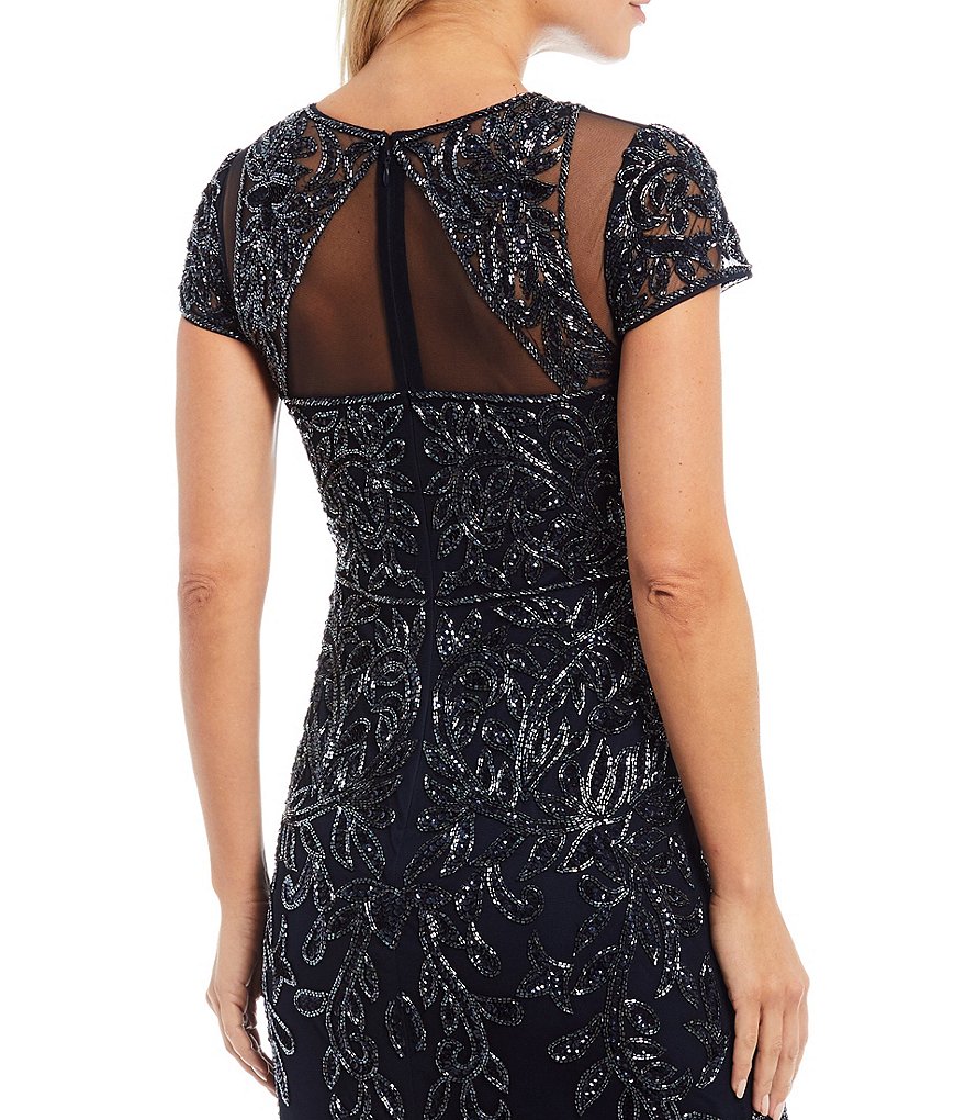 Adrianna Papell Illusion Cut-Out Short Sleeve Round Neck Beaded Gown