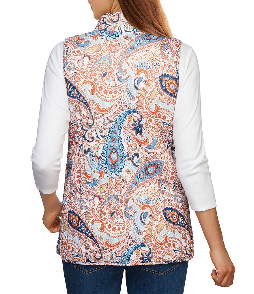 Ruby Rd. Petite Size Soft Paisley Print Stand Collar Zip Front Patch Pocket Vest