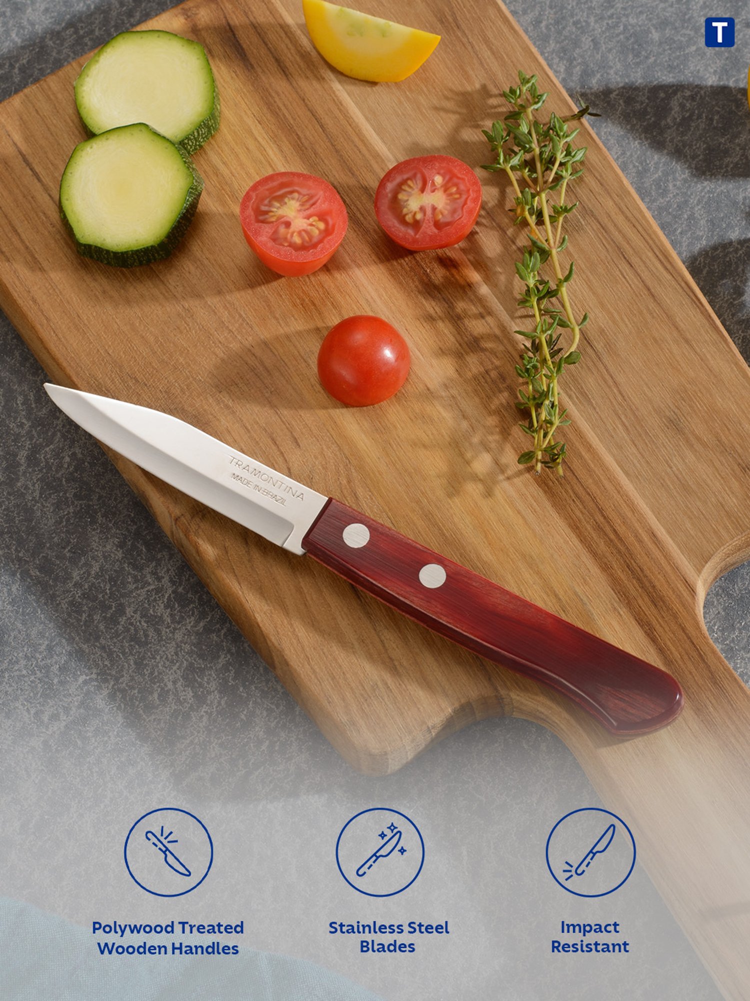 Tramontina Polywood Stainless Steel Vegetable & Fruit Knife 3" Plain Edge Polywood Handle