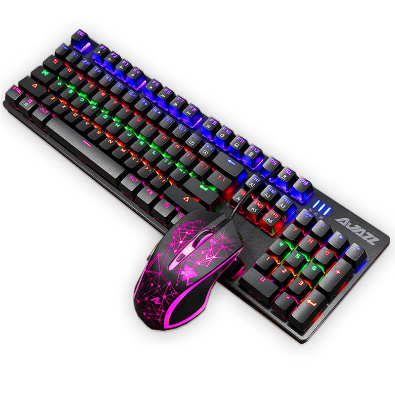 Ajazz AJ119  26 Anti-ghosting Keys, Ergonomic Design, Cool Exterior USB Wired Black Mechanical Green Color Backlit LED Keyboard And 2400DPI  Mouse Combo For Office And Game-Black