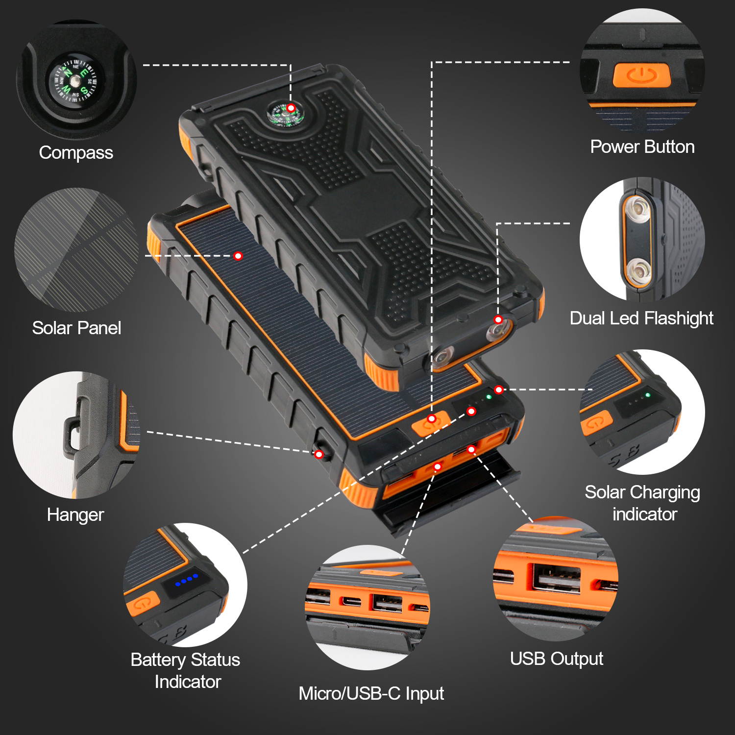 Donwell LED Light Digital Display Solar Wireless Charger High Capacity 10000mA Fast Charging Mobile Power Supply Portable Power Bank for iPhone/iPad/iPod/Samsung ,and more