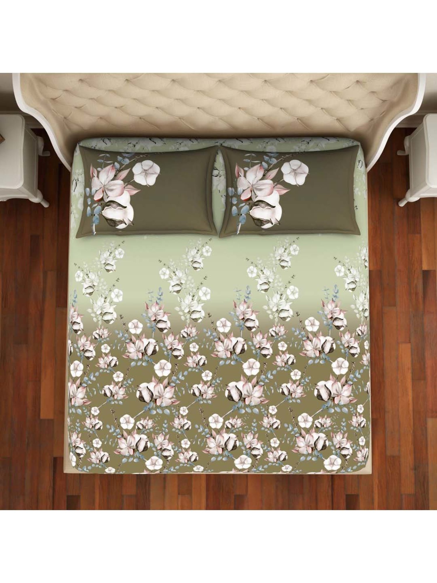Welspun Printed Green Cotton Double Fitted Bed Sheet with 2 Pillow Covers