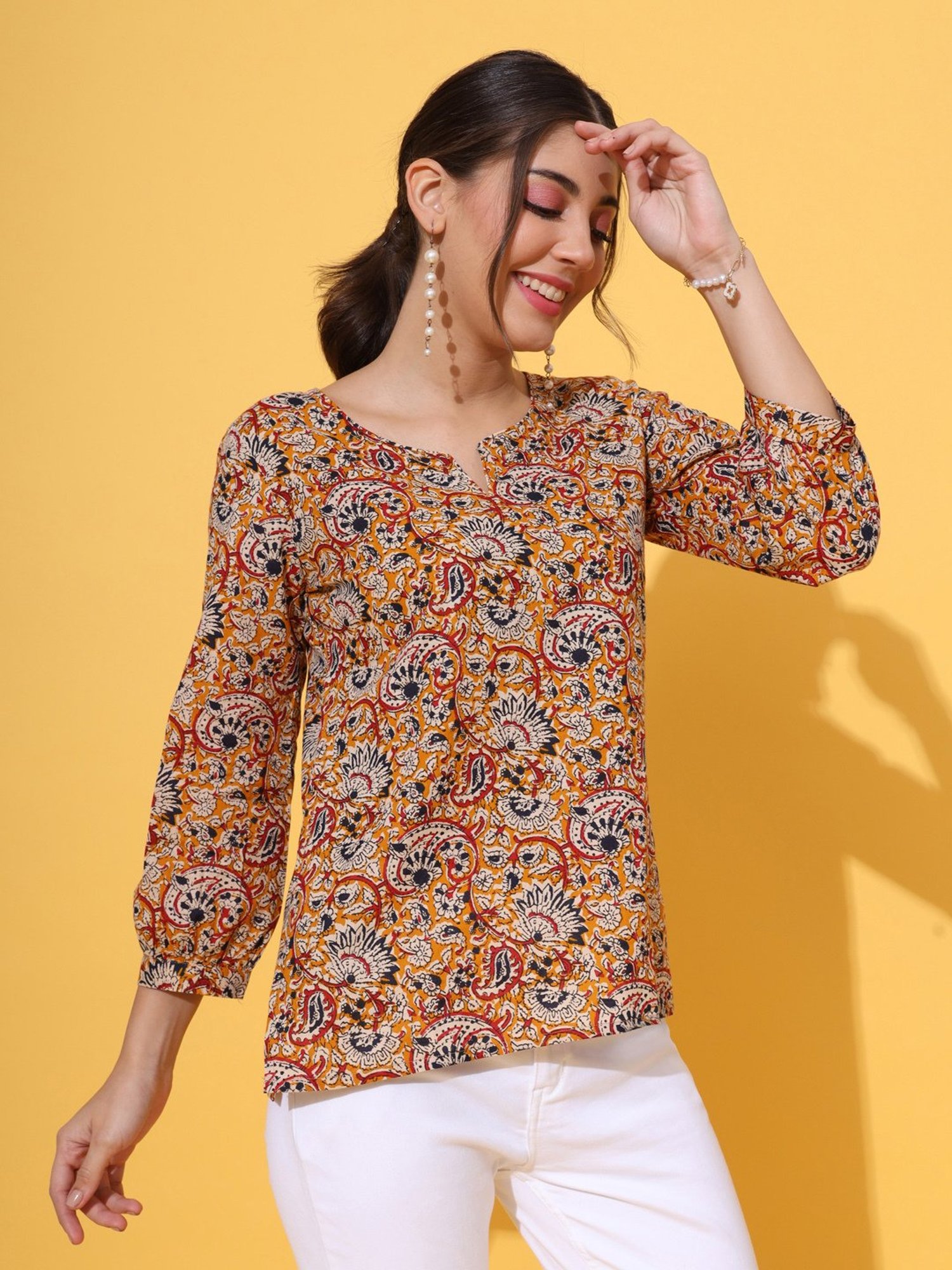 DECKEDUP Mustard Printed Top