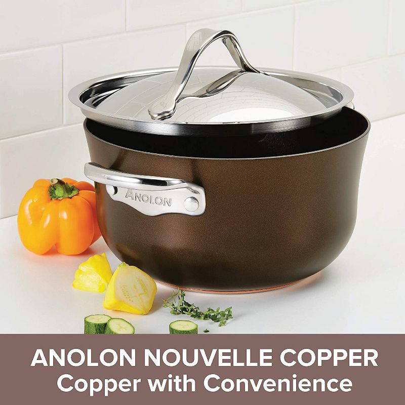 Meyer Corporation Anolon Nouvelle Copper Luxe Hard Anodized Nonstick Dutch Oven/Stockpot/Saucepan with Stainless Steel Lid/Induction Suitable/Dishwasher Safe, 4 Quart, Sable Brown