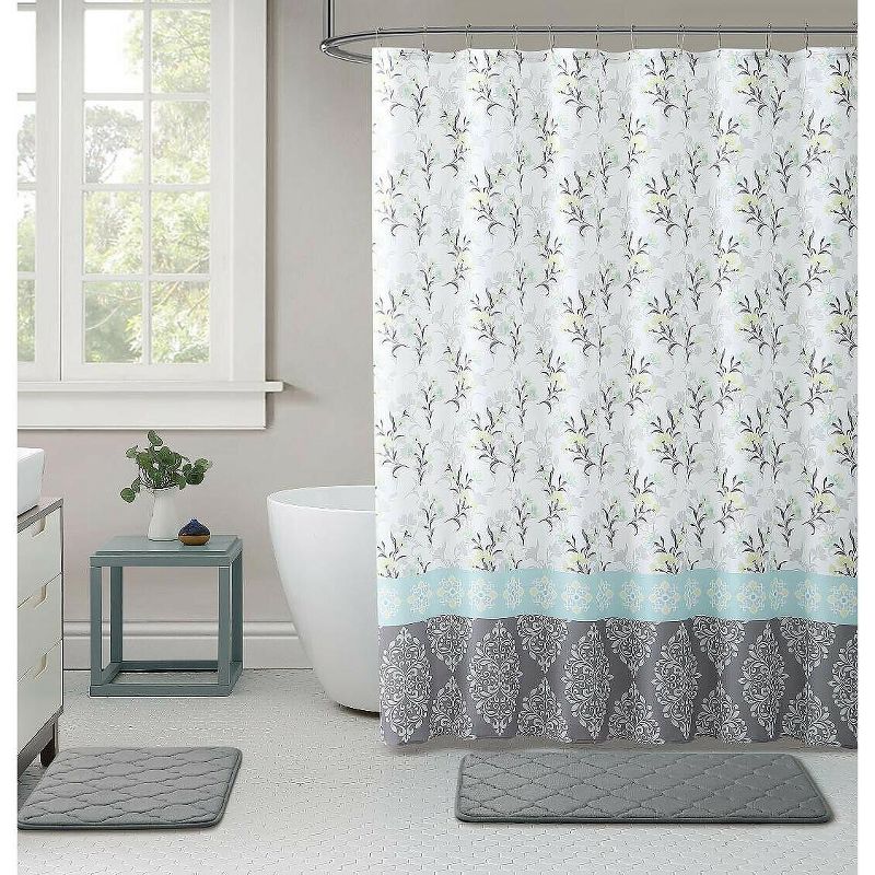 Kate Aurora Yellow & Gray Damask Cherry Blossom Fabric Shower Curtain