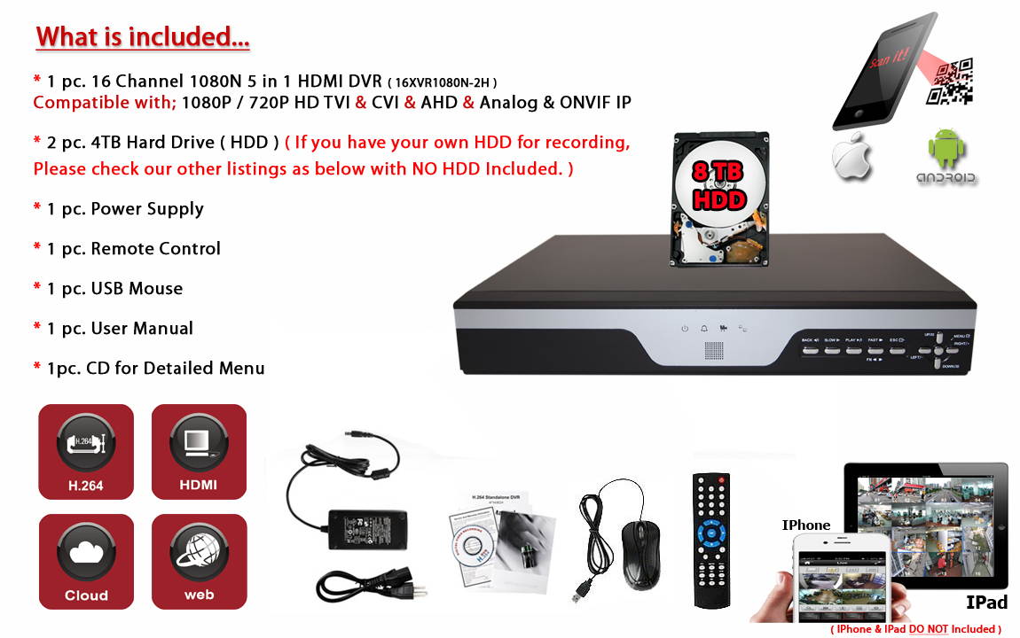 Evertech 16Ch DVR with 8TB Hard Drive H.264 High-Definition Hybrid TVI AHD CVI Analog Home Office Standalone CCTV Security Digital Video Recorder w/8TB HDD Installed and Pre-Configured