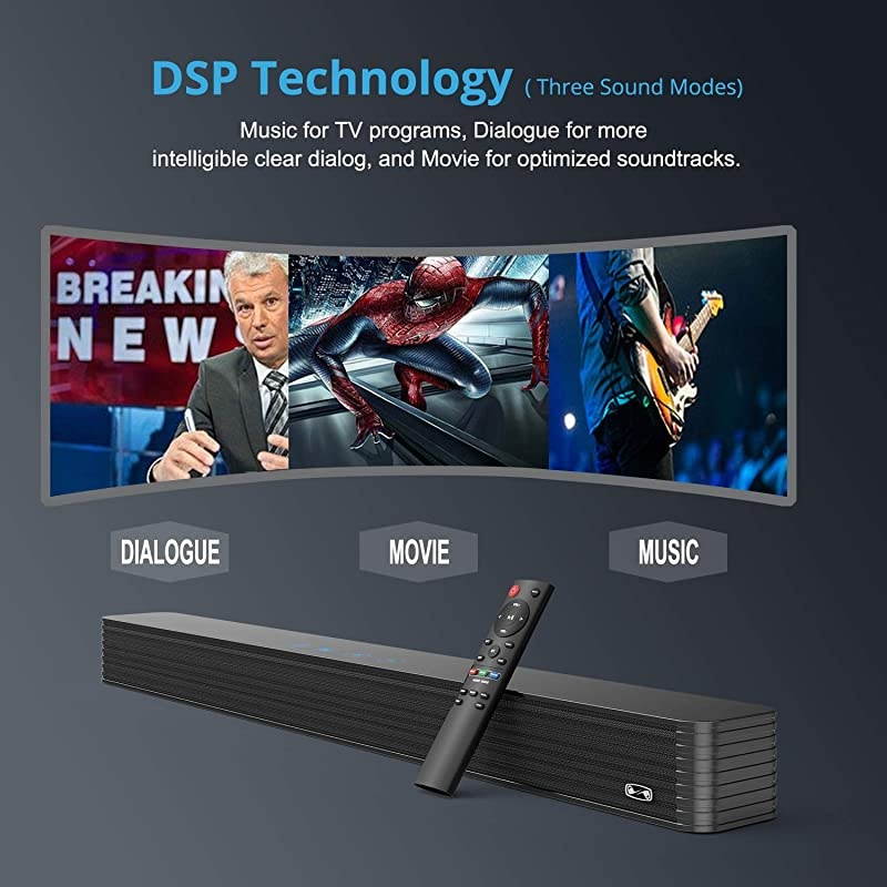Soundbar, Bestisan TV Sound Bar Wired and Wireless Bluetooth 5.0 Home Theater Speakers (4 Drivers, Enhanced Bass Technology, Dual Connection Methods, Dialogue/Movie/Music Audio Mode)