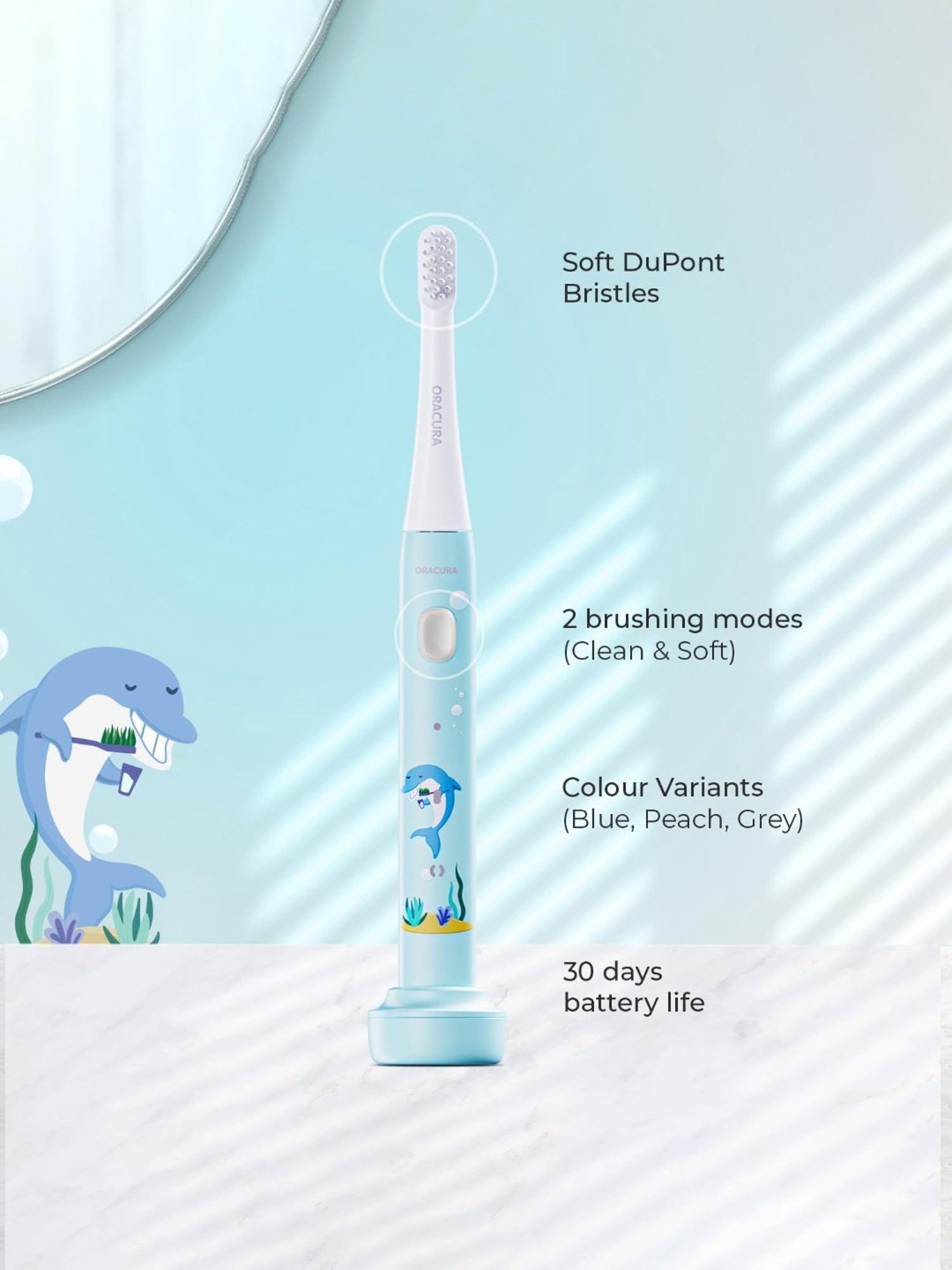 Oracura KSB200 Sonic Kids Rechargeable Electric Toothbrush (Blue)