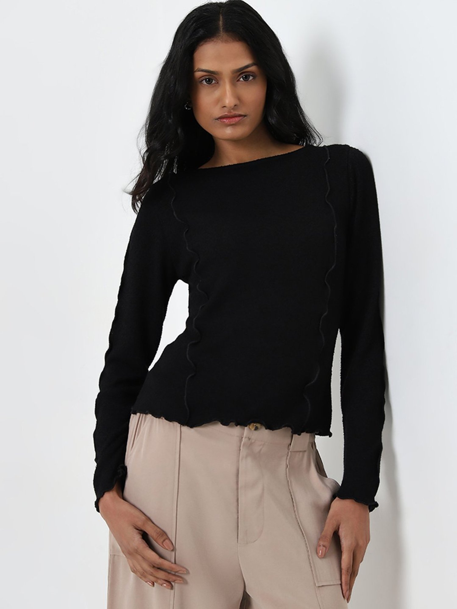 LOV by Westside Black Knit-Textured Top