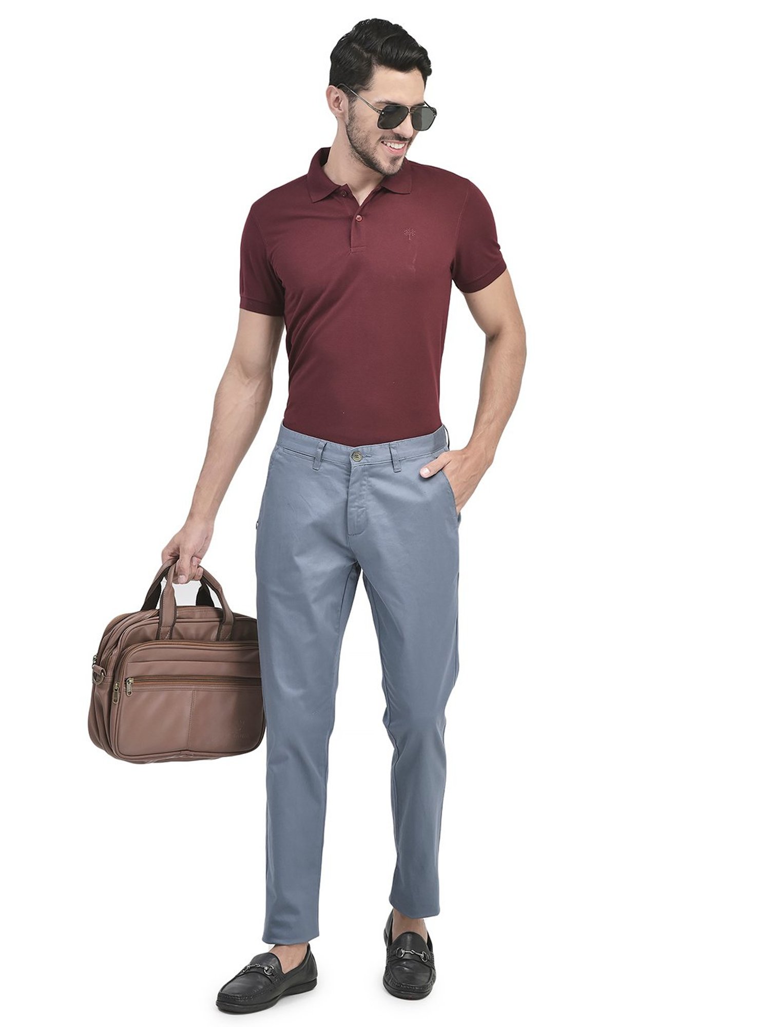 Woodland Light Blue Regular Fit Flat Front Trousers
