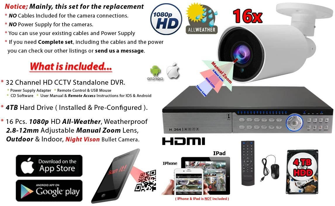 Evertech 32 Channel high Definition Video Recorder 4TB HDD 16 Camera Security System with Metal housing Indoor Outdoor 1080p Bullet Cameras with Night Vision, Smartphone PC Remote Monitoring
