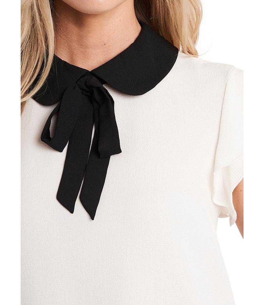 CeCe Peter Pan Collar Tie Neck Flutter Cap Sleeve Blouse