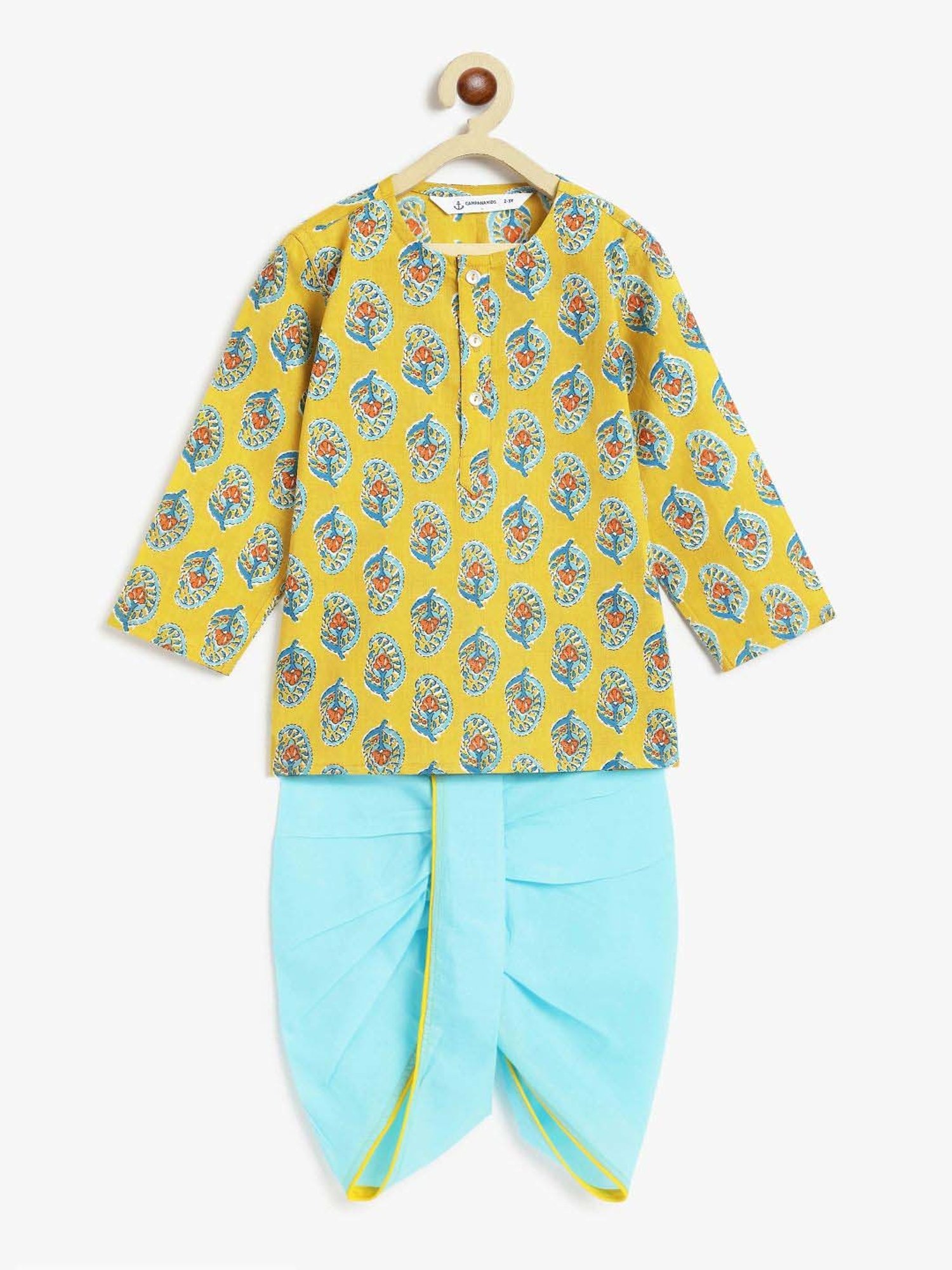 Campana Kids Yellow & Blue Cotton Printed Full Sleeves Kurta & Dhoti
