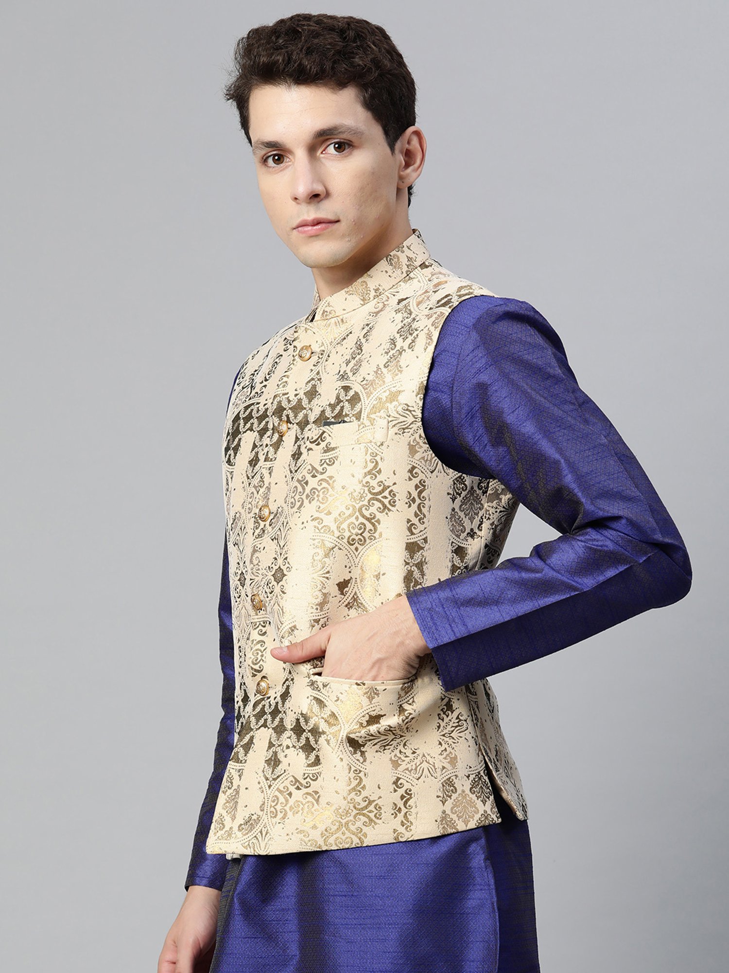 ManQ Beige Slim Fit Nehru Jacket