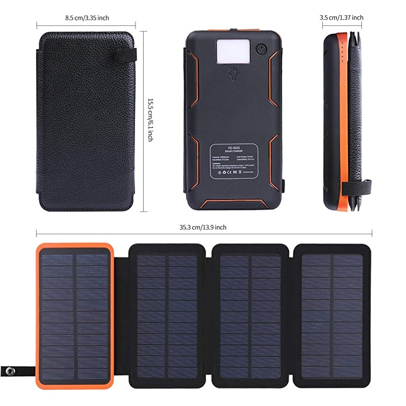 Solar Charger 25000mAh Portable Solar Power Bank with 4 Solar Panels and Fast Charge External Battery Pack with Dual 21A Outputs USB Port Compatible for Most Smartphones Tablets and More