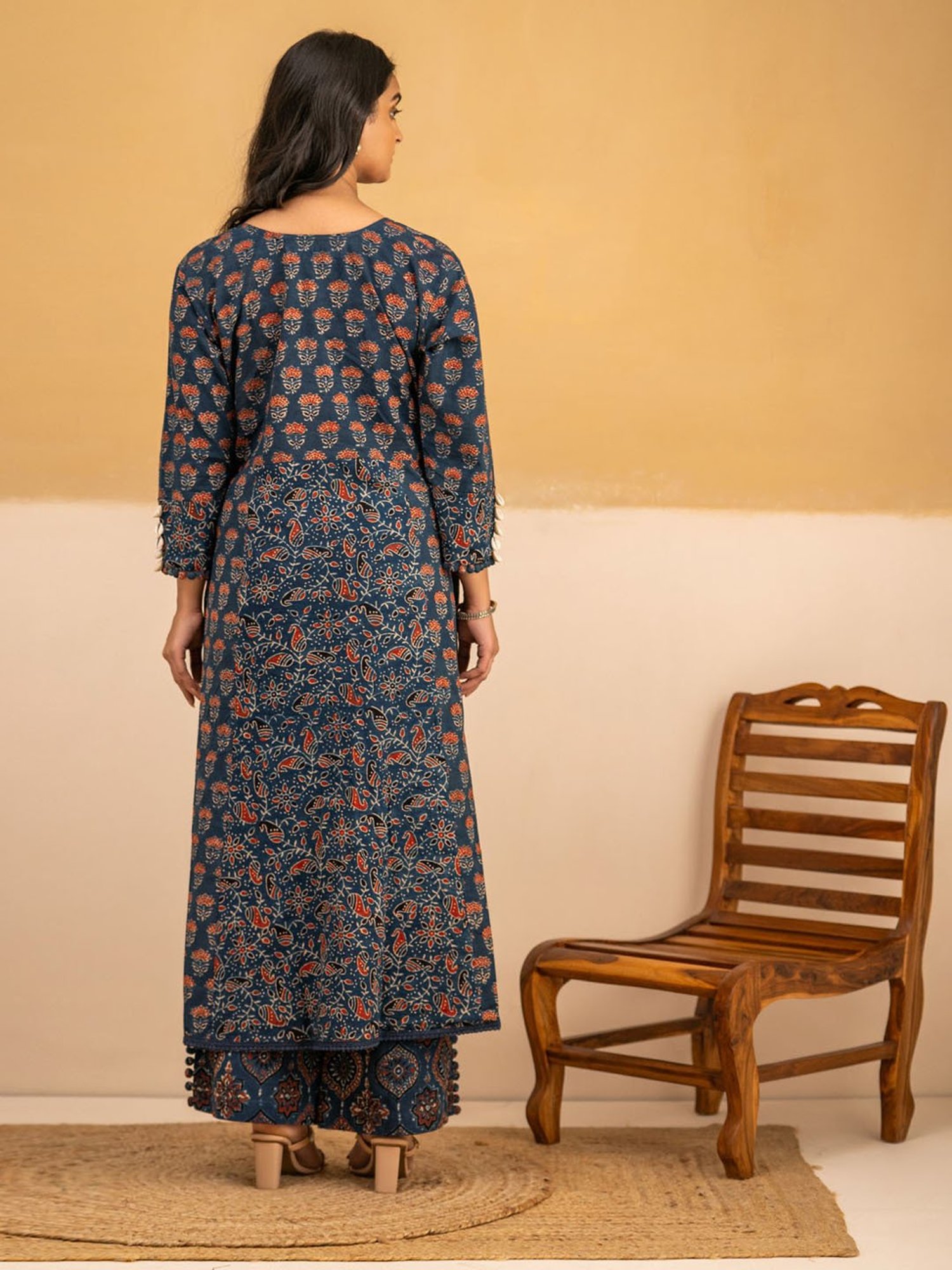 Love Chic Ajrakh A-Line Kurta with cowrie shells and crochet lace detailing