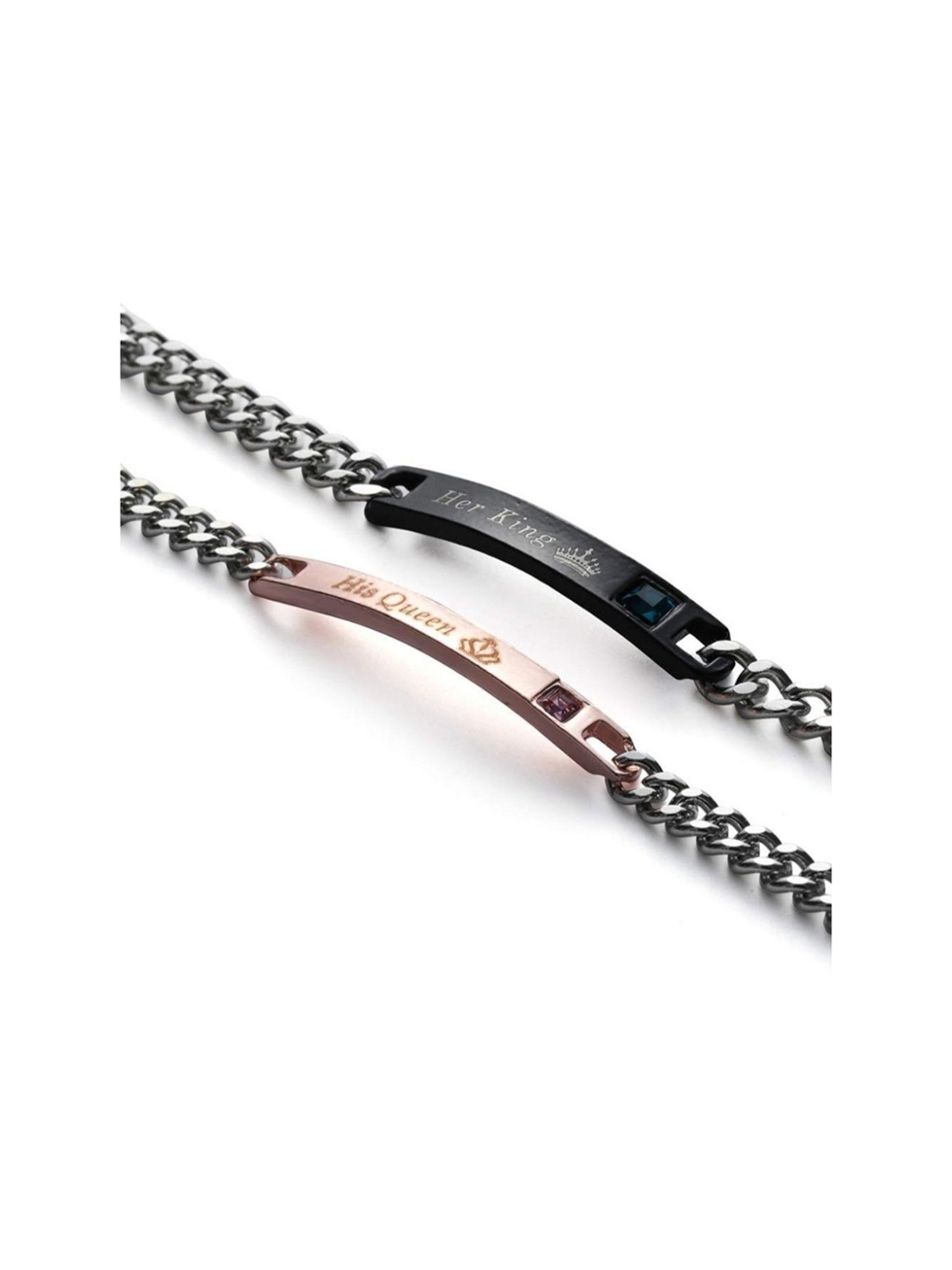 YouBella Valentine His or Hers Queen King Stainless Steel Couple Flexible fit Bracelet - Set of 2