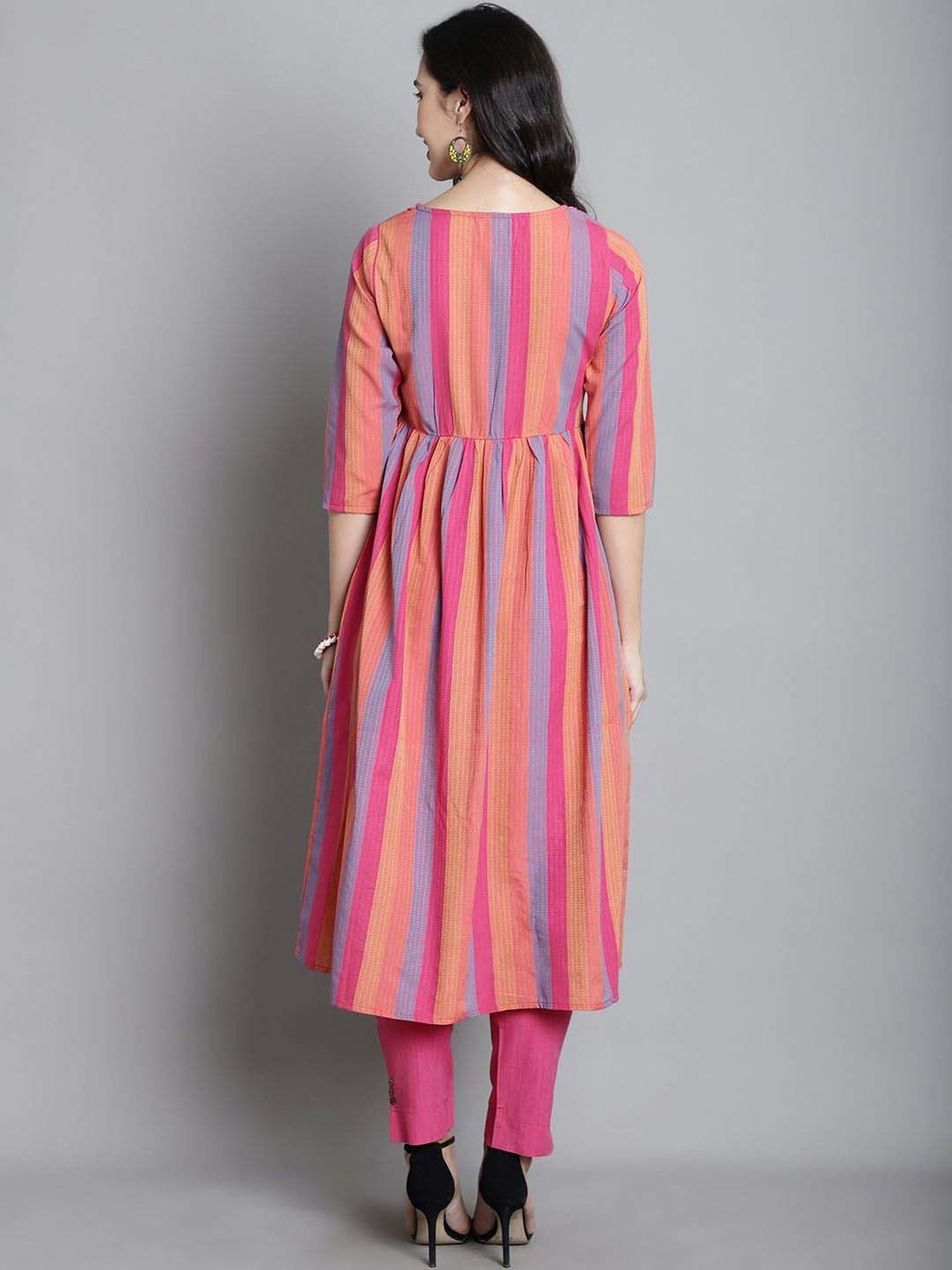 Moms Maternity Pink Cotton Striped Maternity Kurta Pants Set