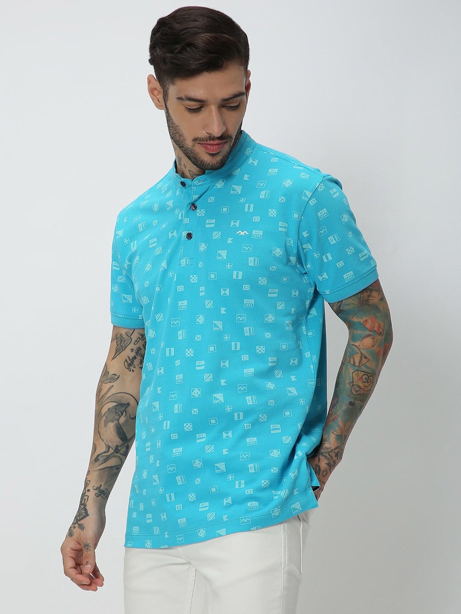Mufti Light Blue Slim Fit Printed Mandarin Collar Cotton T-Shirt