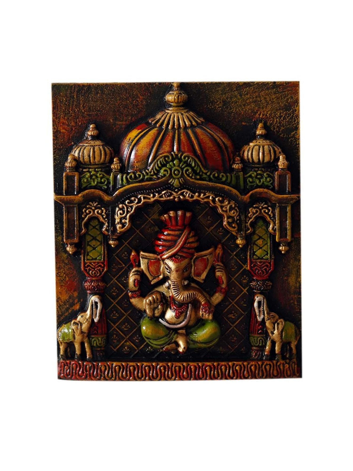 Unravel India 'Ganesh with Tusker Duo' Multicolor Wooden  Wall Showpiece - Set of 1
