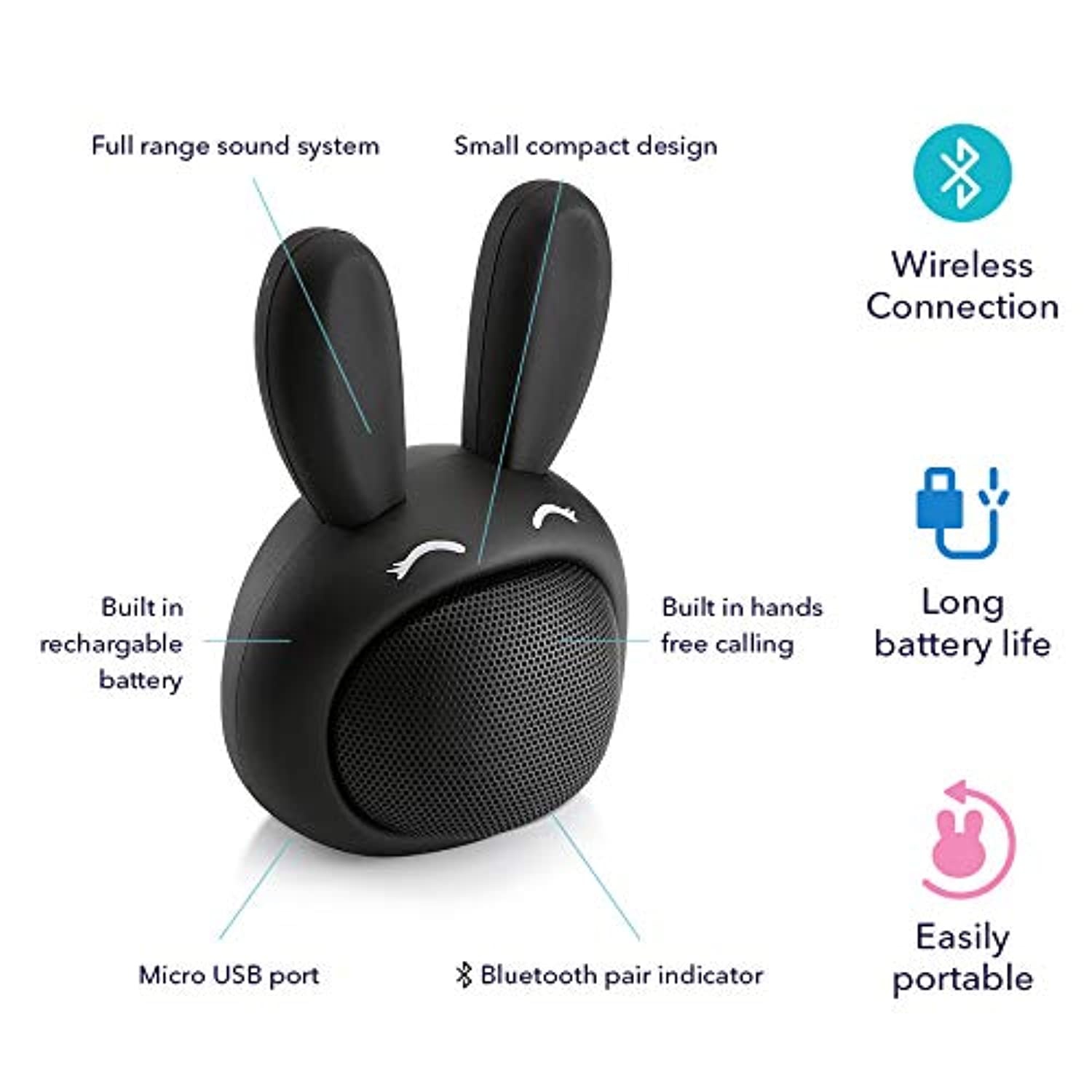 HUGMO Black Bunny Compact Bluetooth Portable Speaker, USB Rechargeable Battery, Built-in Microphone