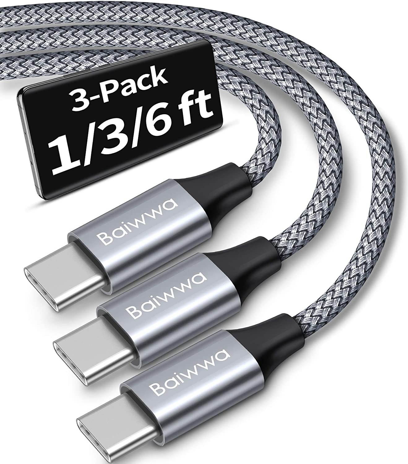 USB C Cable 3-Pack (1ft+3ft+6ft) Baiwwa 3.1A Fast Charging Cord USB A to Type C Cable Braided Charger Compatible with Samsung Galaxy S10e S20 S10 S9 Plus A10e A11 A20 A30 A40 A50 A51 A71 Note 20 10 9