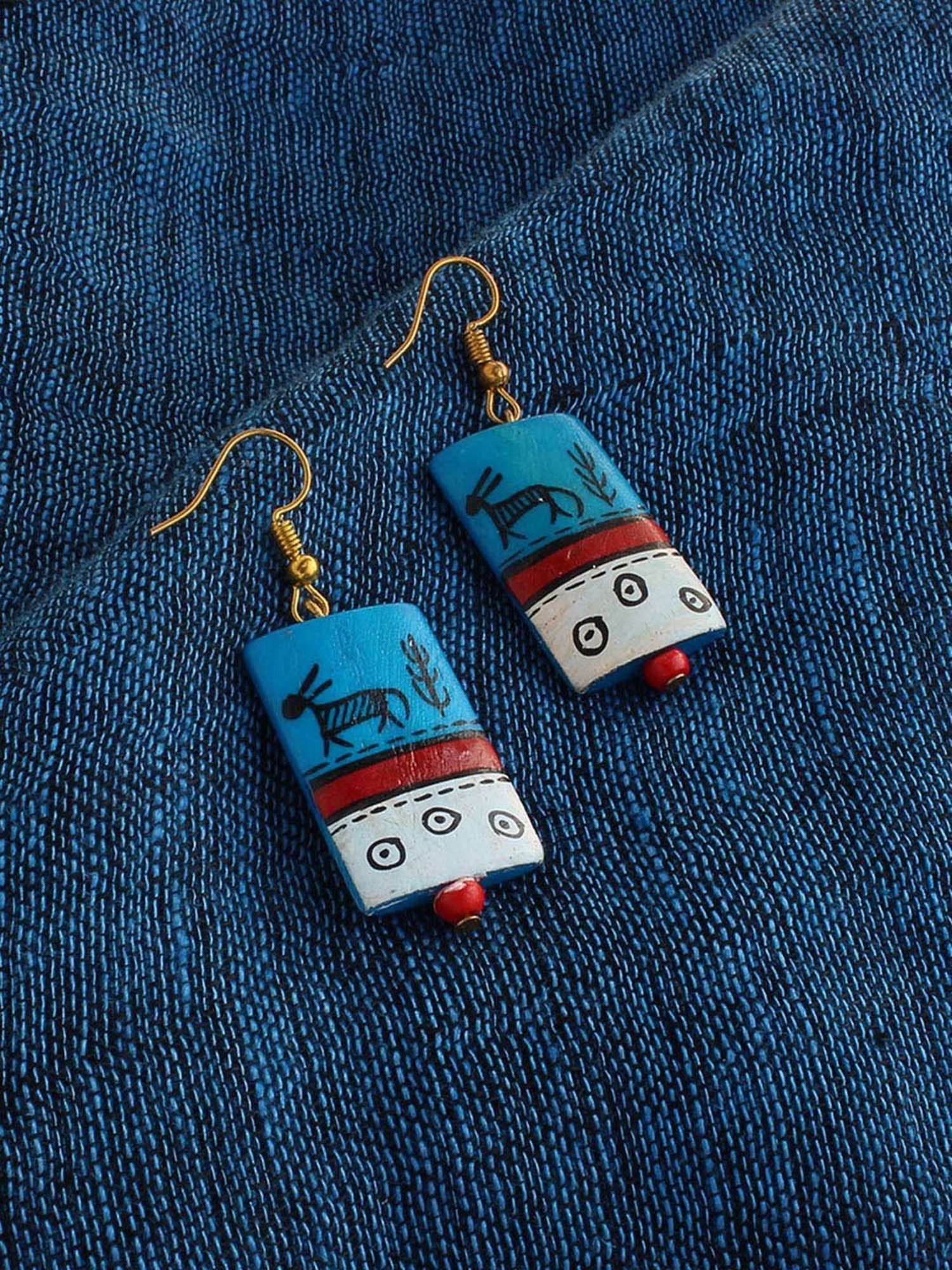 ExclusiveLane 'Tribal Warli Rectangles' Teal Blue & Red Resin Earrings in Warli Art