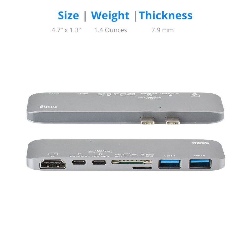 Frisby 7-in-2 Thunderbolt Hub for USB-C MacBook Pro 13"/15" 2016/2017/2018 and MacBook Air 2018 &ndash; Aluminum USB-C Adapter 4K HDMI, USB 3.0, SD