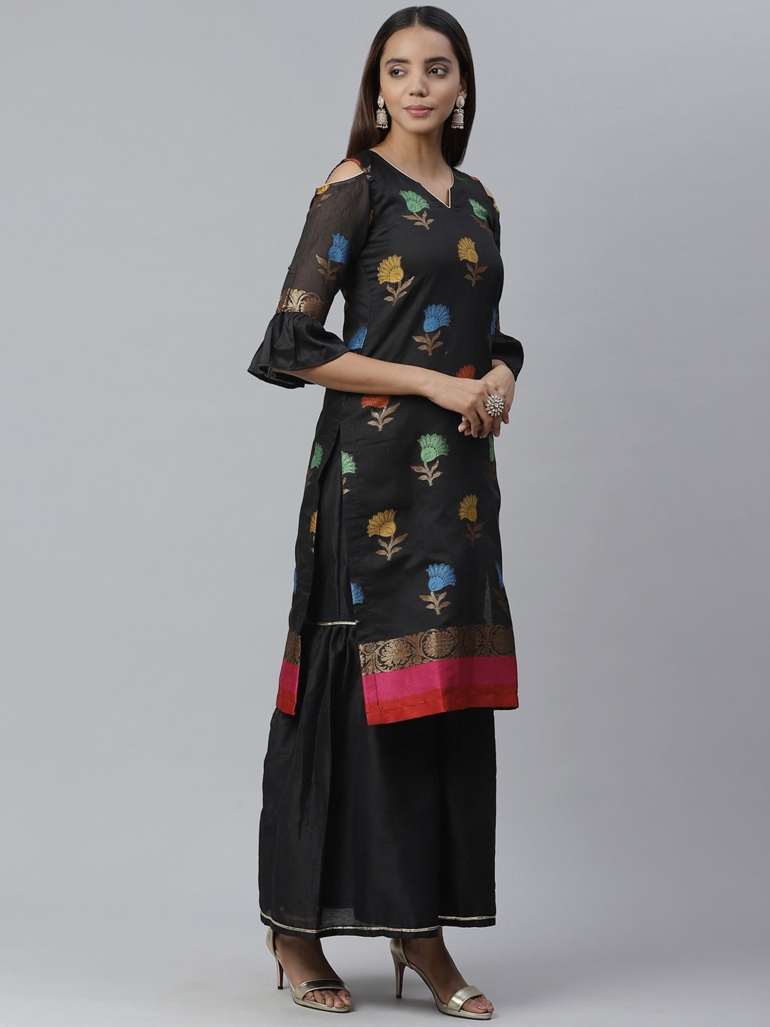 Chhabra 555 Black Textured Kurta With Sharara & Dupatta
