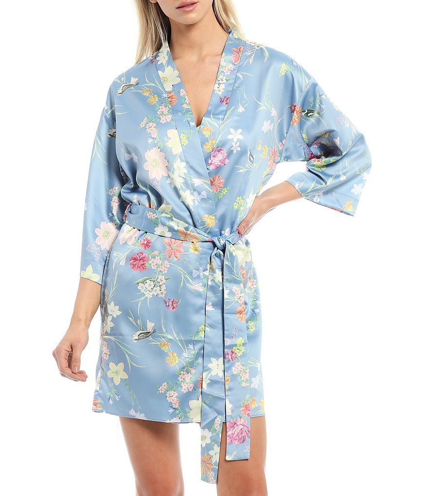 Flora Nikrooz Floral Printed Charmeuse Short Wrap Robe