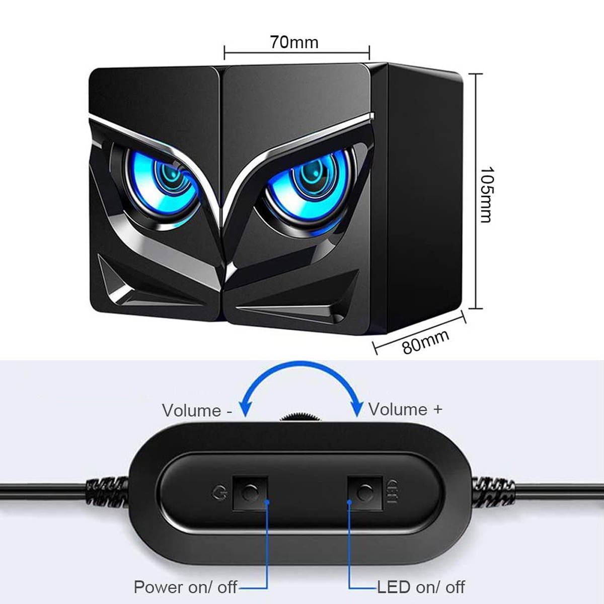 Computer Speakers, Blue LED Speaker with Sharp Eye USB Powered 3.5mm Stereo Audio for PC, MP3 Player, Laptops, Smartphone, Black, SK10