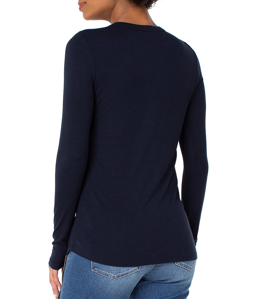 Liverpool Los Angeles Long Sleeve Mini Rib Knit V-Neck Long Sleeve Henley Tee