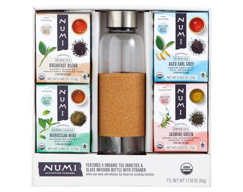 Numi Organic Tea Gift Set , Includes 16oz Glass Tea infusion Bottle with Strainer and 4 organic tea varieties (24 tea bags)