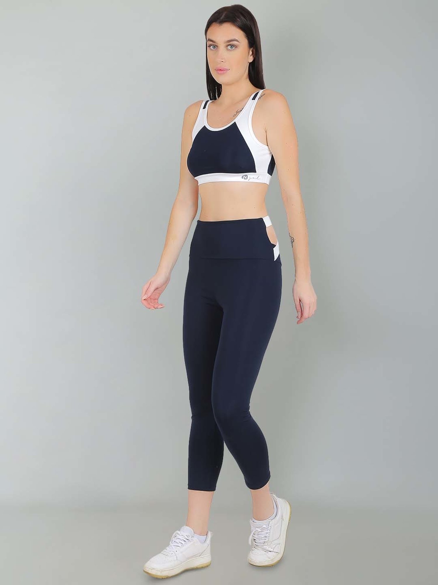 N-Gal Navy & White Printed Sports Bra With Tights Set