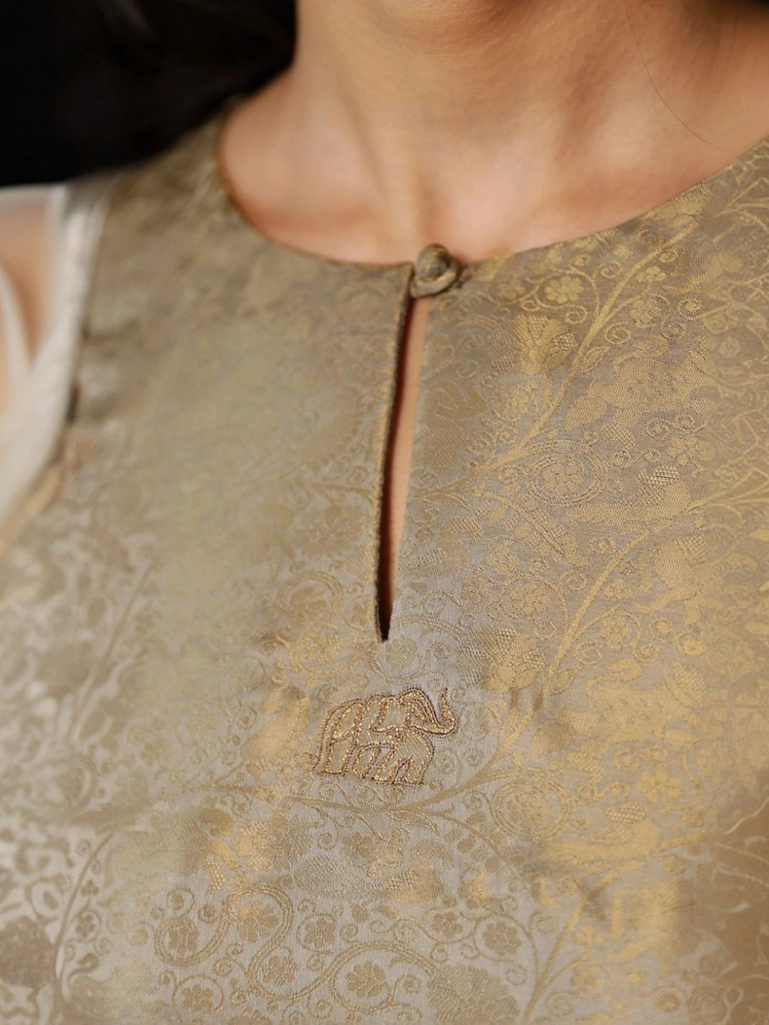 Ganga Fashions Belgian Block Grey and Golden Silk Woven Kurta with Salwar and Dupatta