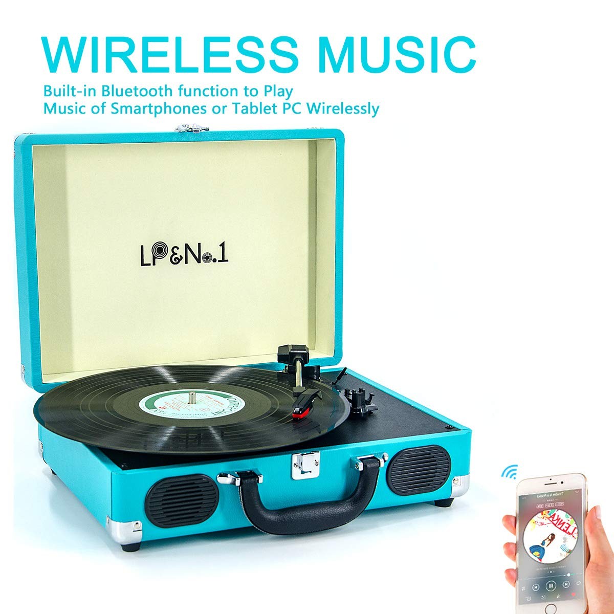 LP&No.1 Suitcase Bluetooth Turntable with Stereo Speaker,3 Speeds Vinyl Record Player Turquoise