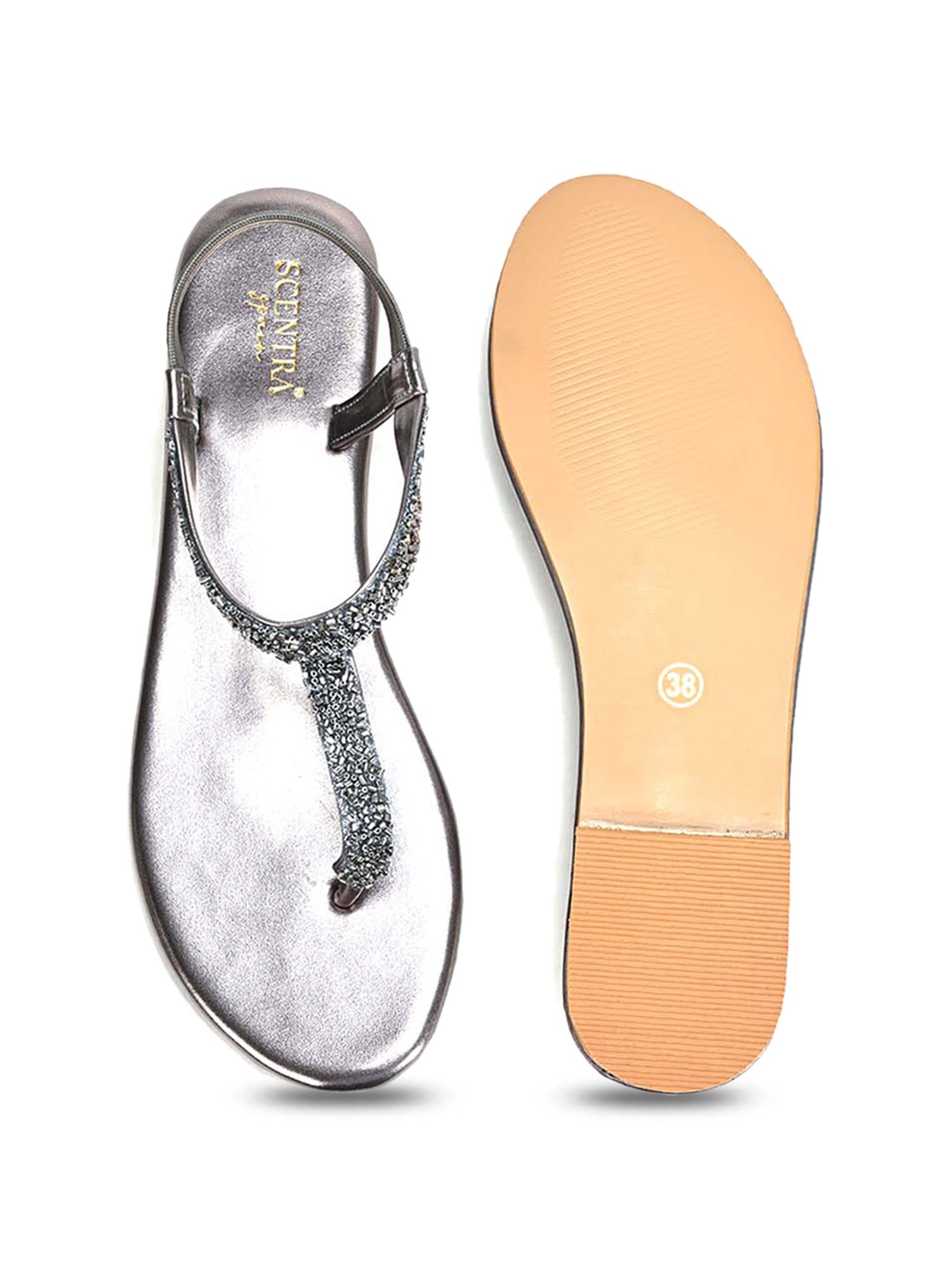 Scentra Women's Grey T-Strap Sandals