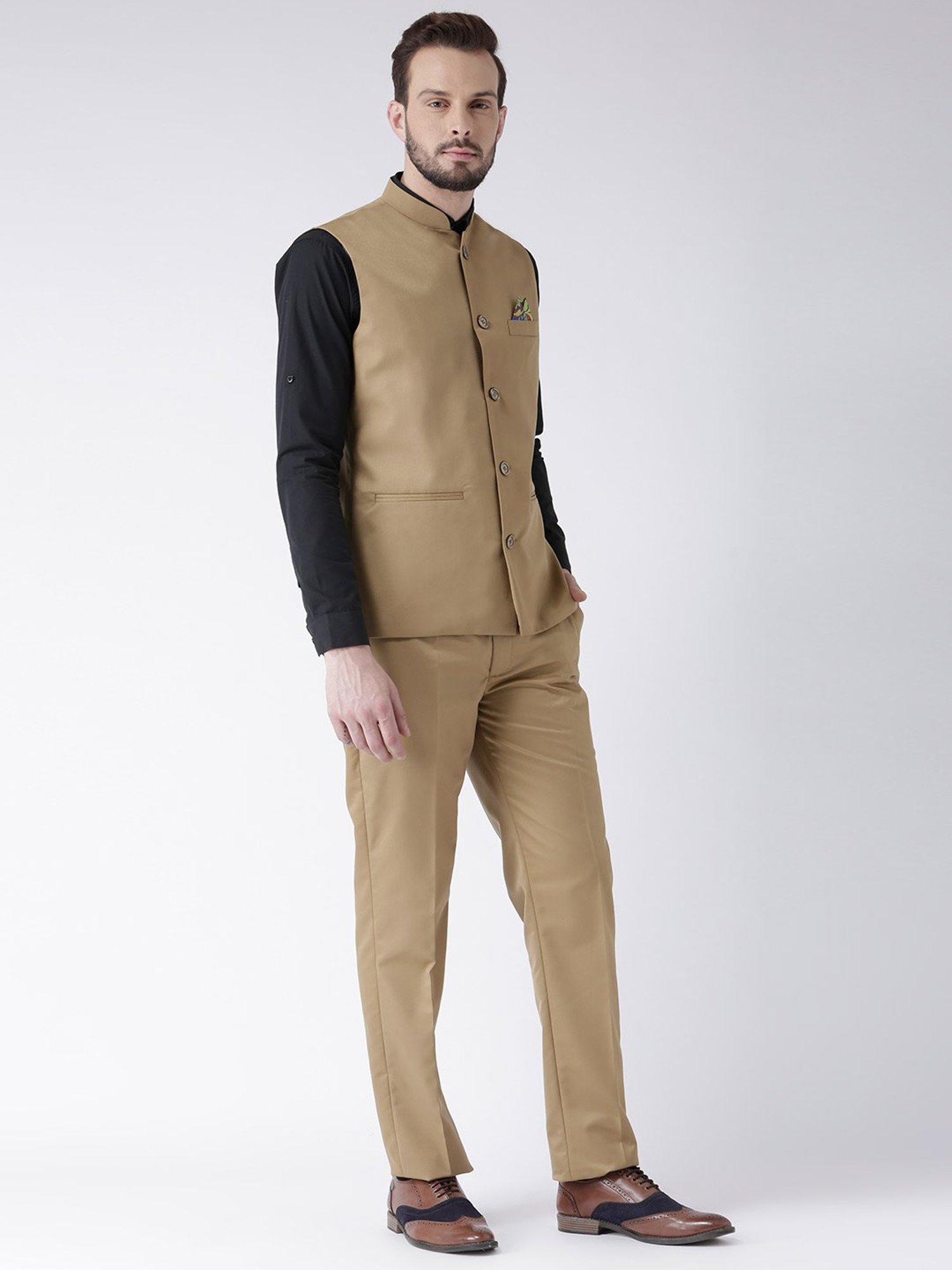 Hangup Plus Khaki Regular Fit Mandarin Collar Two Piece Suit