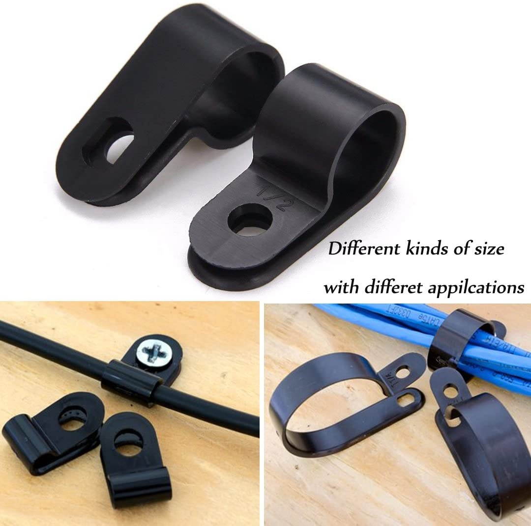 Cable Clamp 200 Pcs Black Nylon Plastic R-Type Cable Clamps 3/16" 1/4" 3/8" 1/2" 3/4" 1" Clips Fasteners Assortment for Cable Conduit