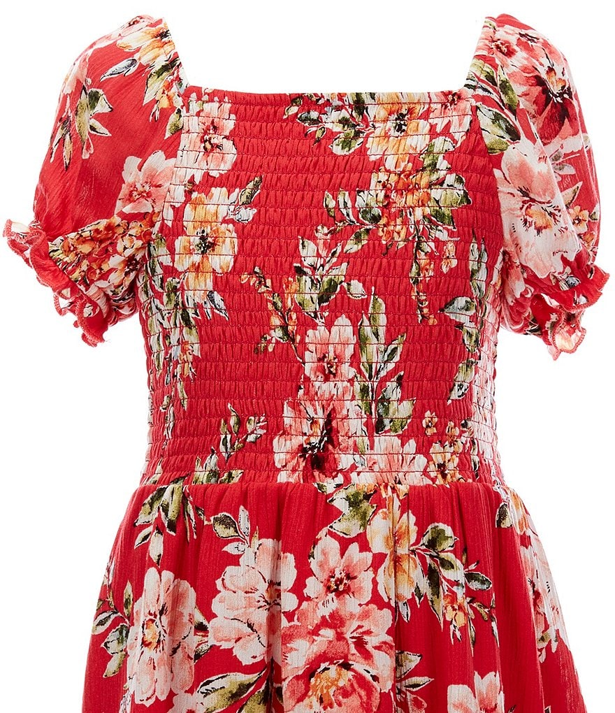 Poppies and Roses Big Girls 7-16 Puff Sleeve Smocked Floral A-Line Dress
