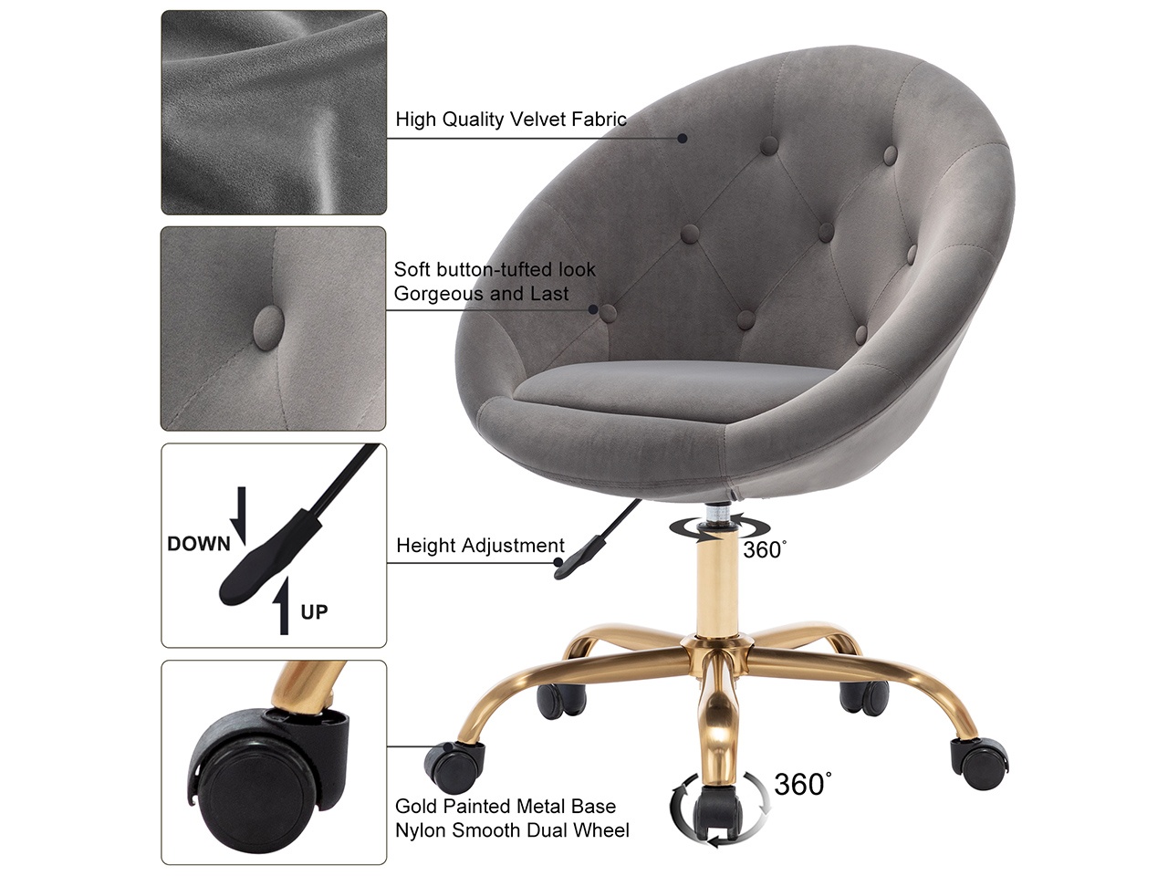 Swivel Height Adjustable Task Chair Tufted Velvet Upholstered Office Chair