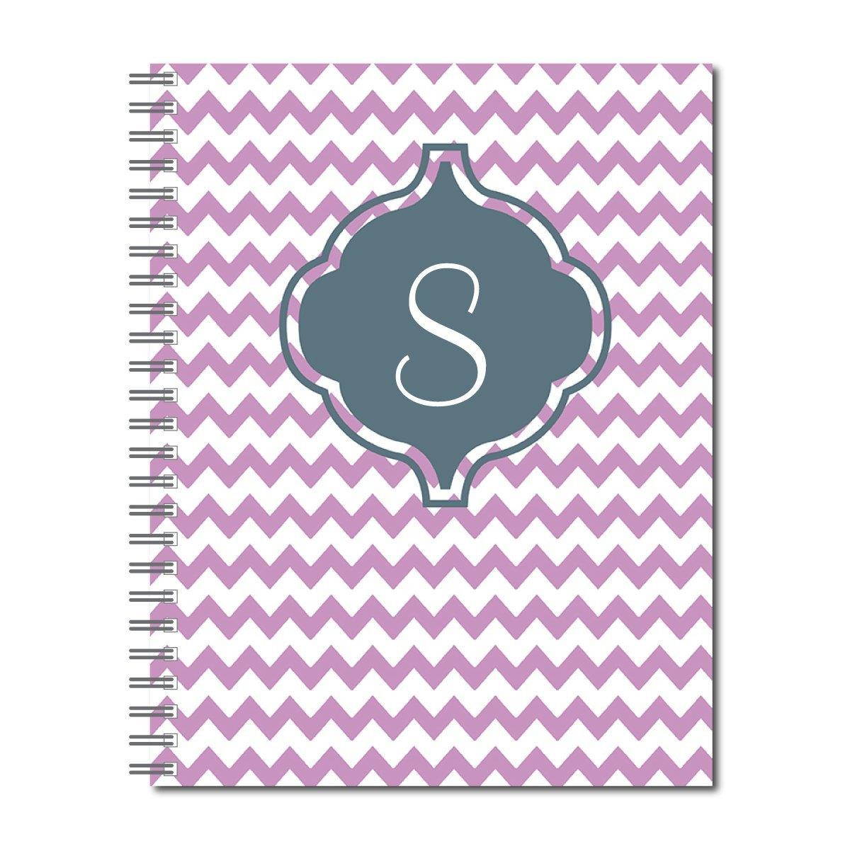 Purple Chevron Patterned Feminine Monogram Spiral Notebook/Journal, 120 Wide Ruled or Checklist Pages, durable laminated cover, and wire-o spiral. 8.5x11 | 5.5x8.5 | 8.5x8.5 | Made in the USA