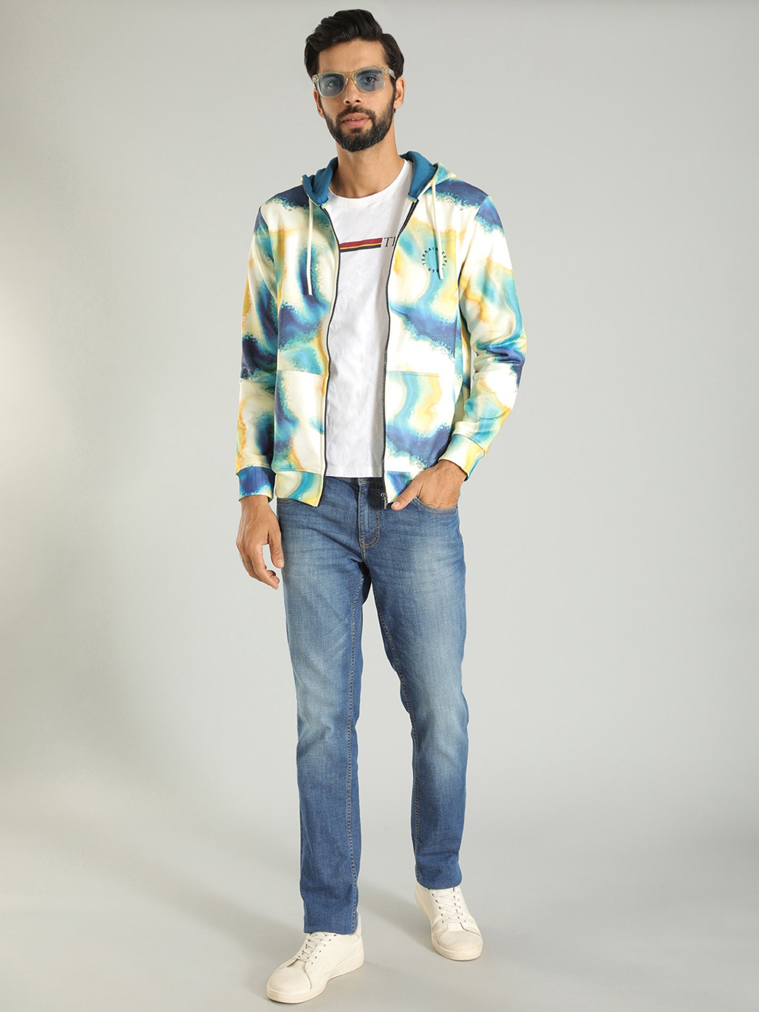 Indian Terrain Multicolor Regular Fit Abstract Print Hooded Sweatshirt